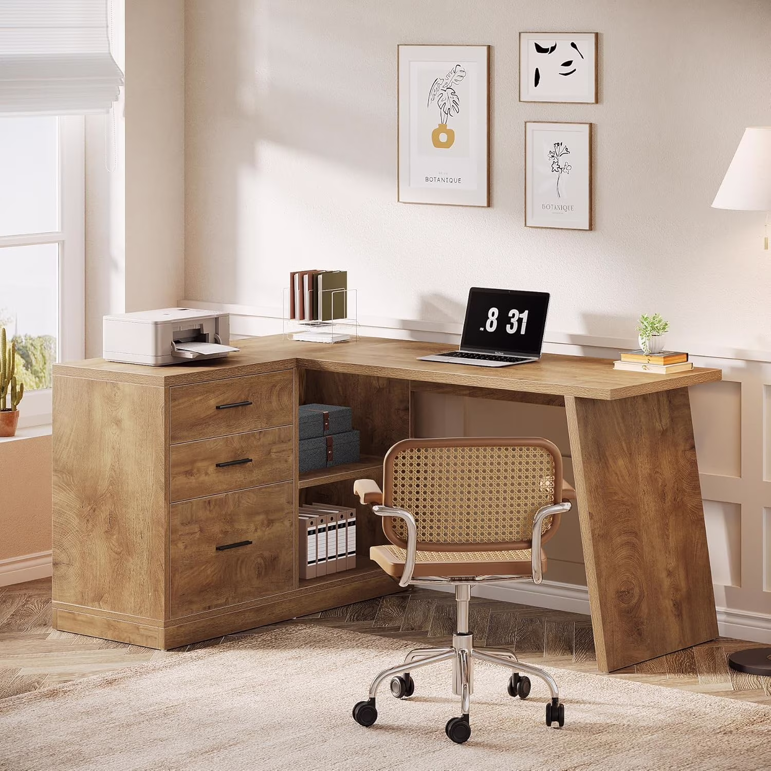 55-Inch L Shaped Computer Desk with 3 Drawers, Corner Home Office Desk with Storage Shelves(Brown)