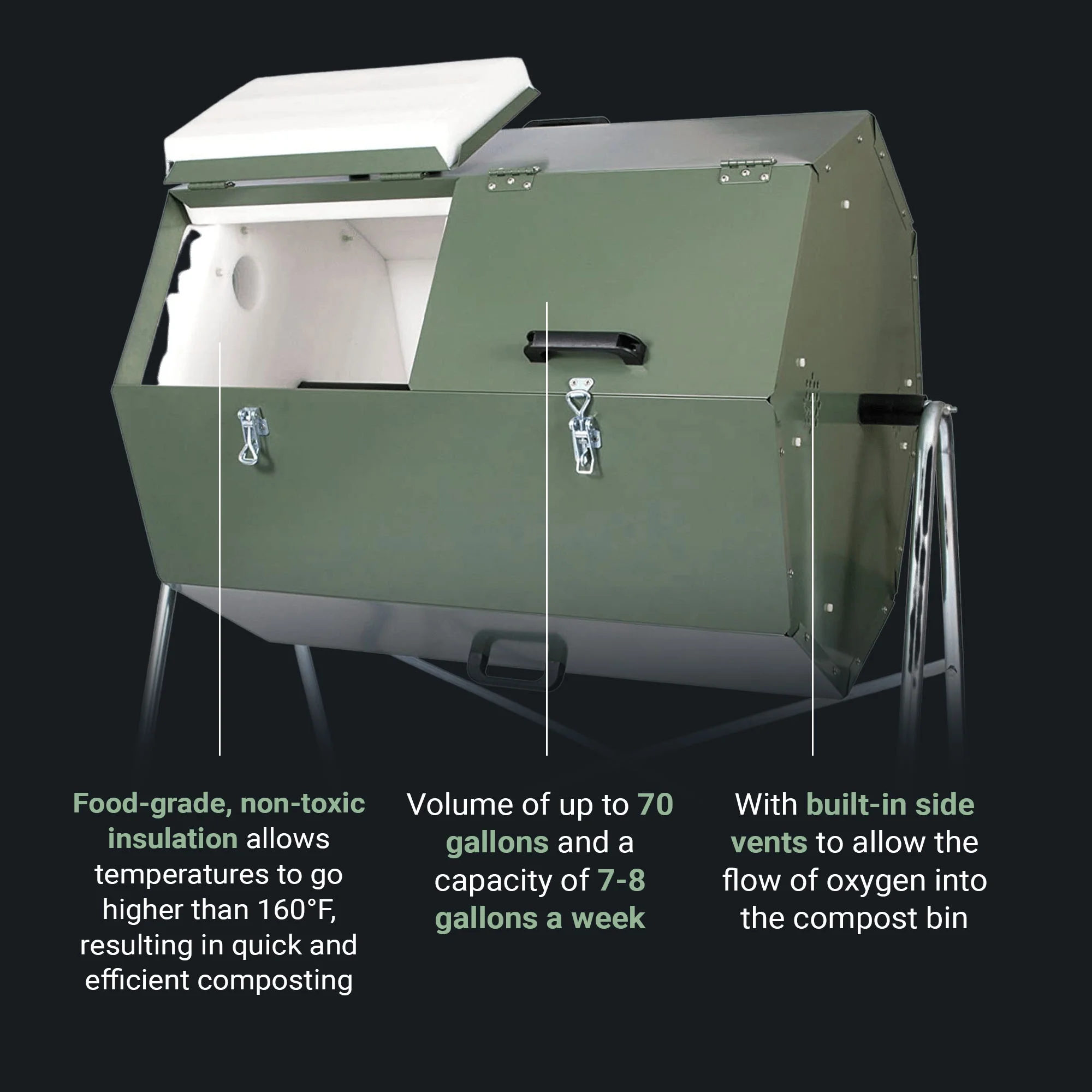 JK270A 70 Gallon Dual Chamber Steel Compost Tumbler Bin - Image 3