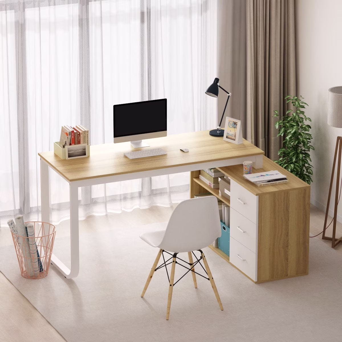 55" White L Shaped Desk with Storage Shelf Corner Office Writing Desk Study Workstation Table(White) - Image 3