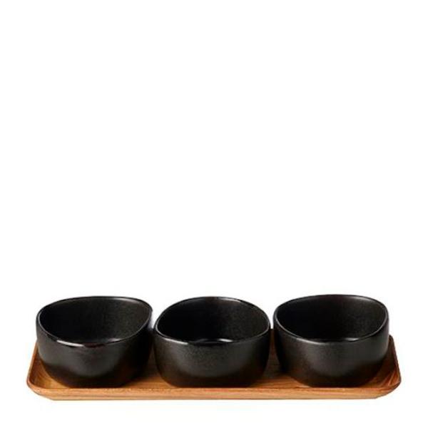 RAW Titanium Black organic skålsett 3 stk m/teakbrett 14x32,5 cm
