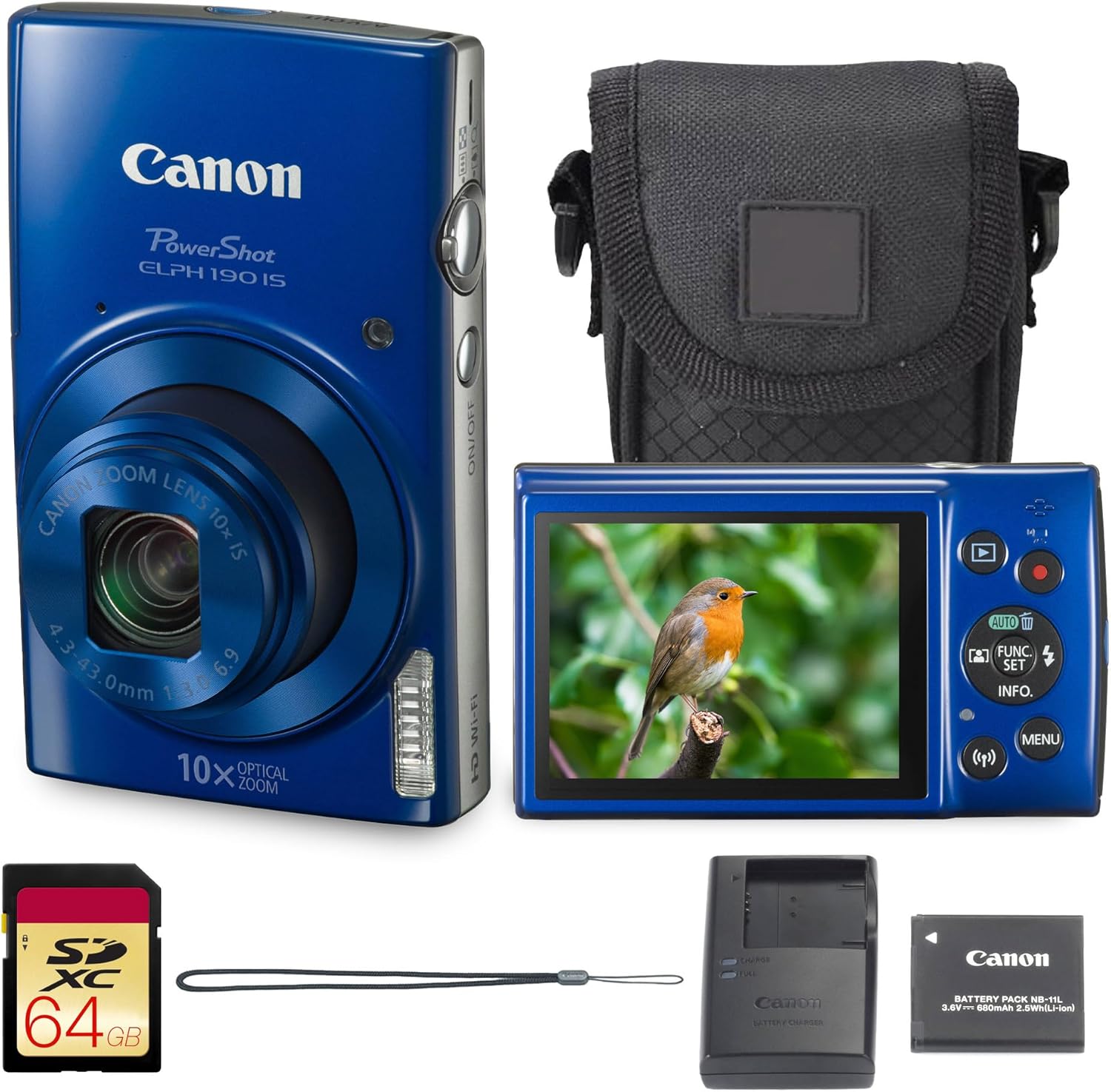 Canon PowerShot ELPH 190 Digital Camera Bundle (Blue) Compact Point and Shoot with WiFi Optical Zoom | Portable Design for Travel Sharing and Everyday Photography with Case and 64GB Card