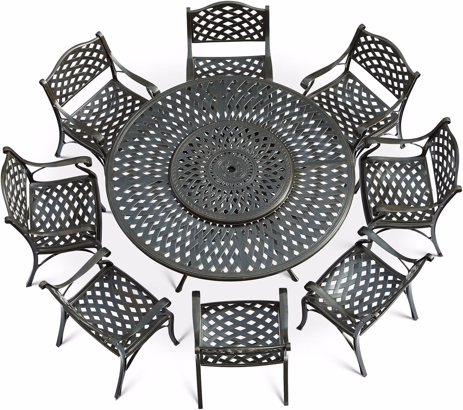 VIVIJASON 9-Piece Patio Dining Set, Rust-Free Cast Aluminum Outdoor Furniture Set, 8 Patio Dining Chairs and 61 Round Dining Table with 31 Lazy Susan, Umbrella Hole for Backyard, Patio, Garden