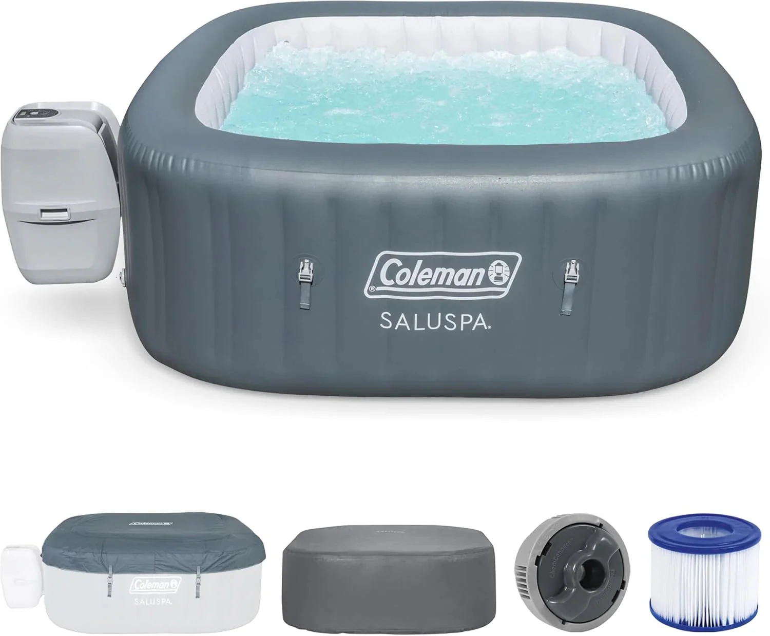 4 to 6 Person Inflatable Hot Tub Square Portable Outdoor Spa with 114 Soothing AirJets and Insulated Cover, Gray-Coleman