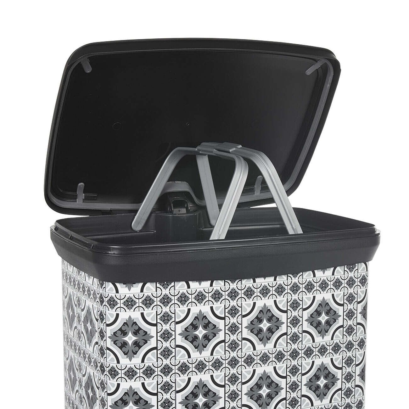 Poubelle à pédale motif carreau de ciment gris et blanc 50 L