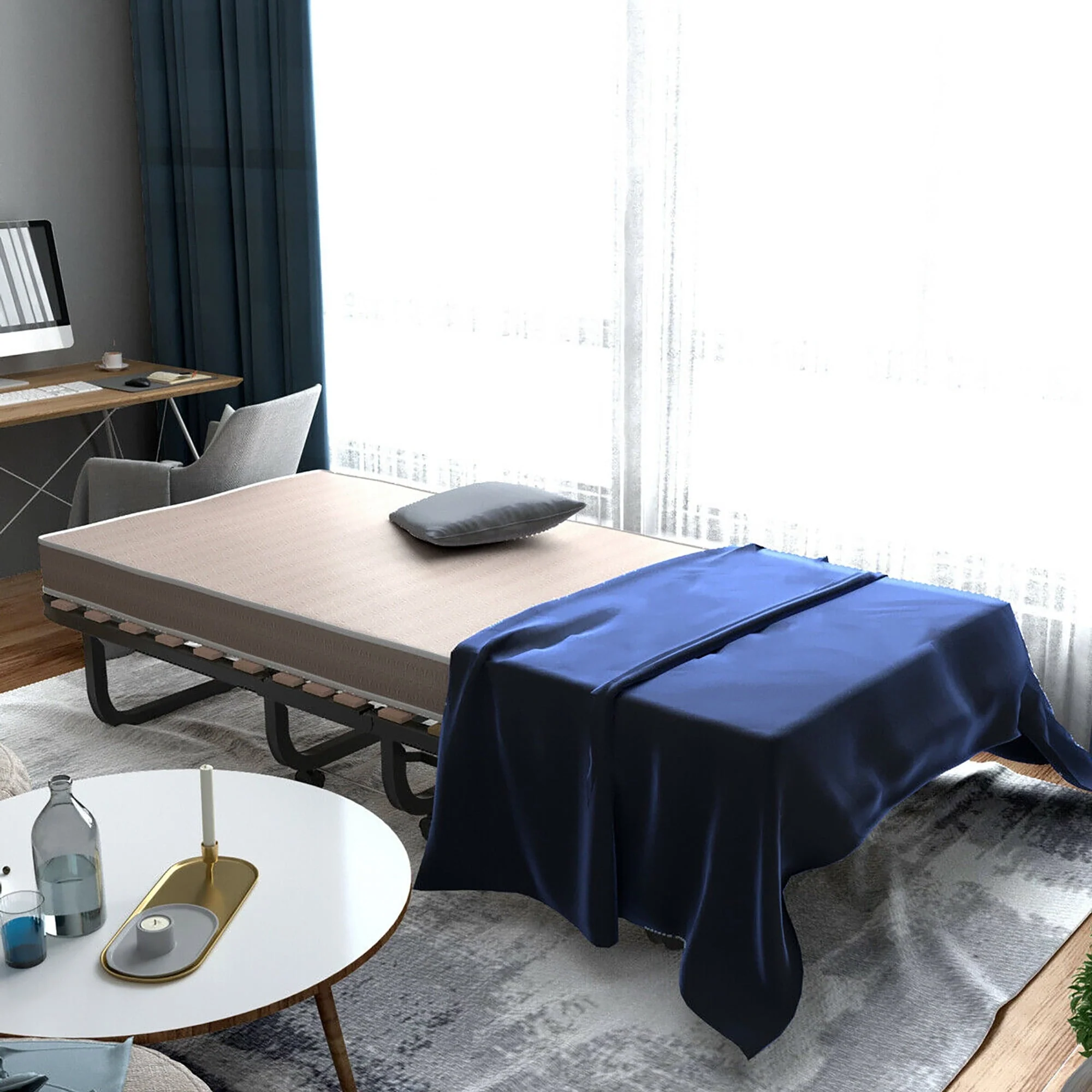 Gymax Folding Bed w/ Memory Foam Mattress Rollaway Metal Guest Bed Sleeper Made in Italy Image 3
