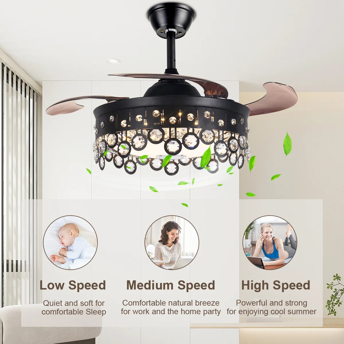 AFANQI 42" Black Modern Fandelier Ceiling Fan with Light Remote, Retractable Bluetooth Ceiling Fan with 7 Colors Silent Motor Crystal Chandelier