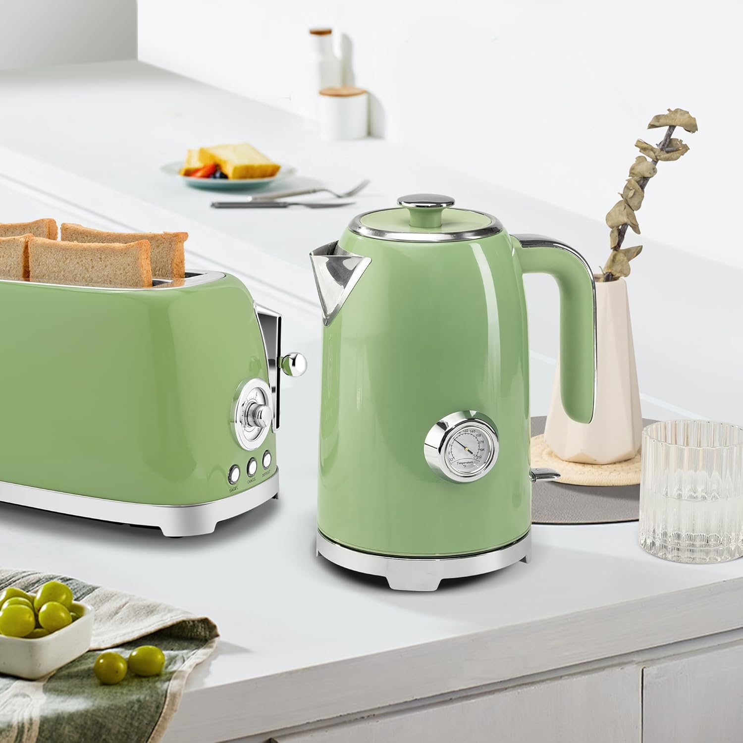 SUSTEAS 57oz Electric Kettle with Thermometer, Hot Water Pot, Retro Green