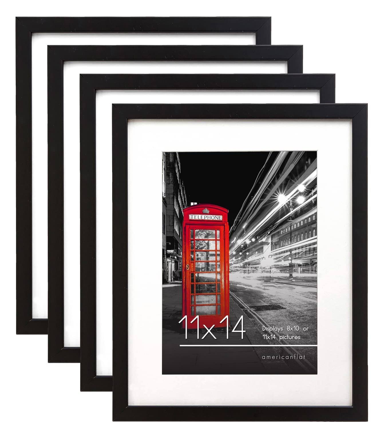 Americanflat 11x14 Black Picture Frame with Shatter-Resistant Glass - Displays 8x10 Photos with Mat or 11x14 Without Mat - 4 Pack