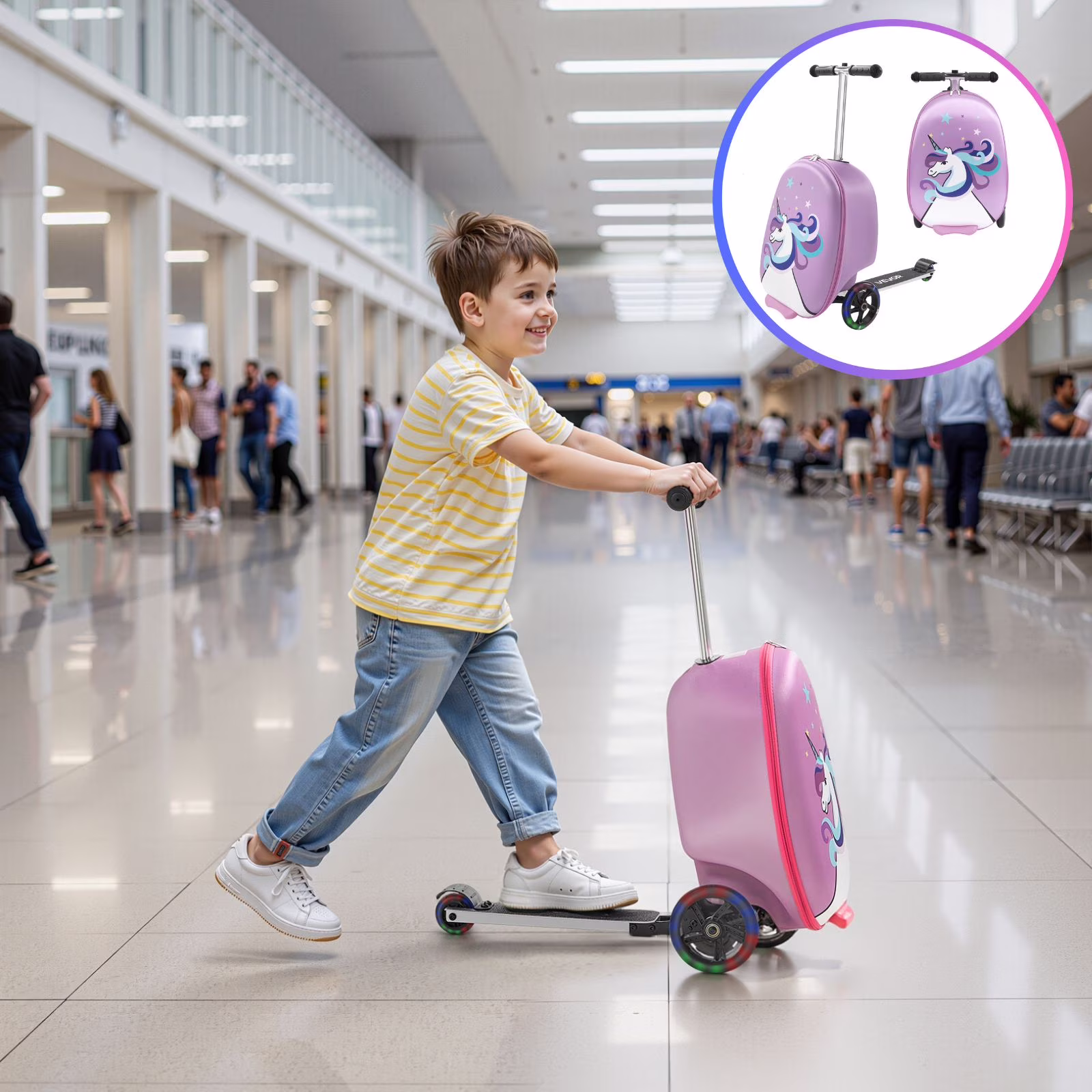 Ride-on Kids Luggage, 20L Capacity, 20-Inch Scooter Suitcase with Flashing PU Wheels, Adjustable Handle Non-Slip Grip, Foldable and Lightweight Travel Companion for Children Aged 5+, Purple