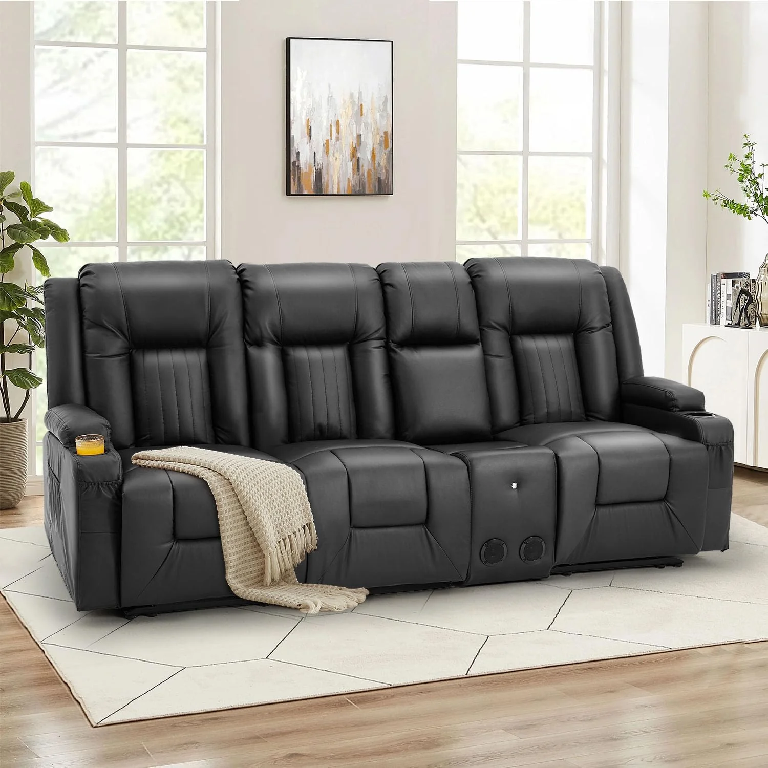 AECOJOY 3 Seater Recliner Sofa with Console&Bluetooth Speakers, Manual RV Sofa Couch, Black