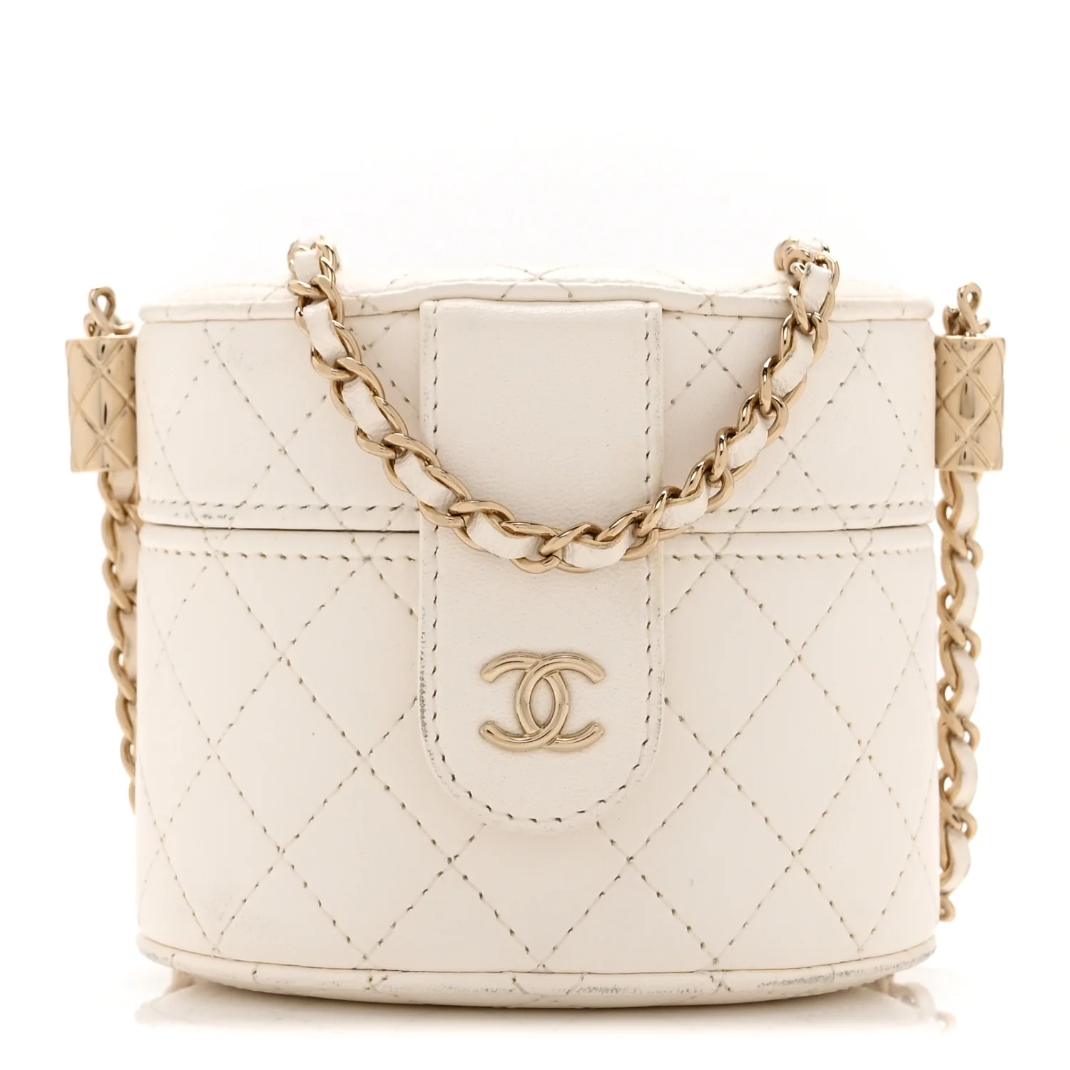 Lambskin Quilted Round Mini Vanity Case With Chain Case With Chain White