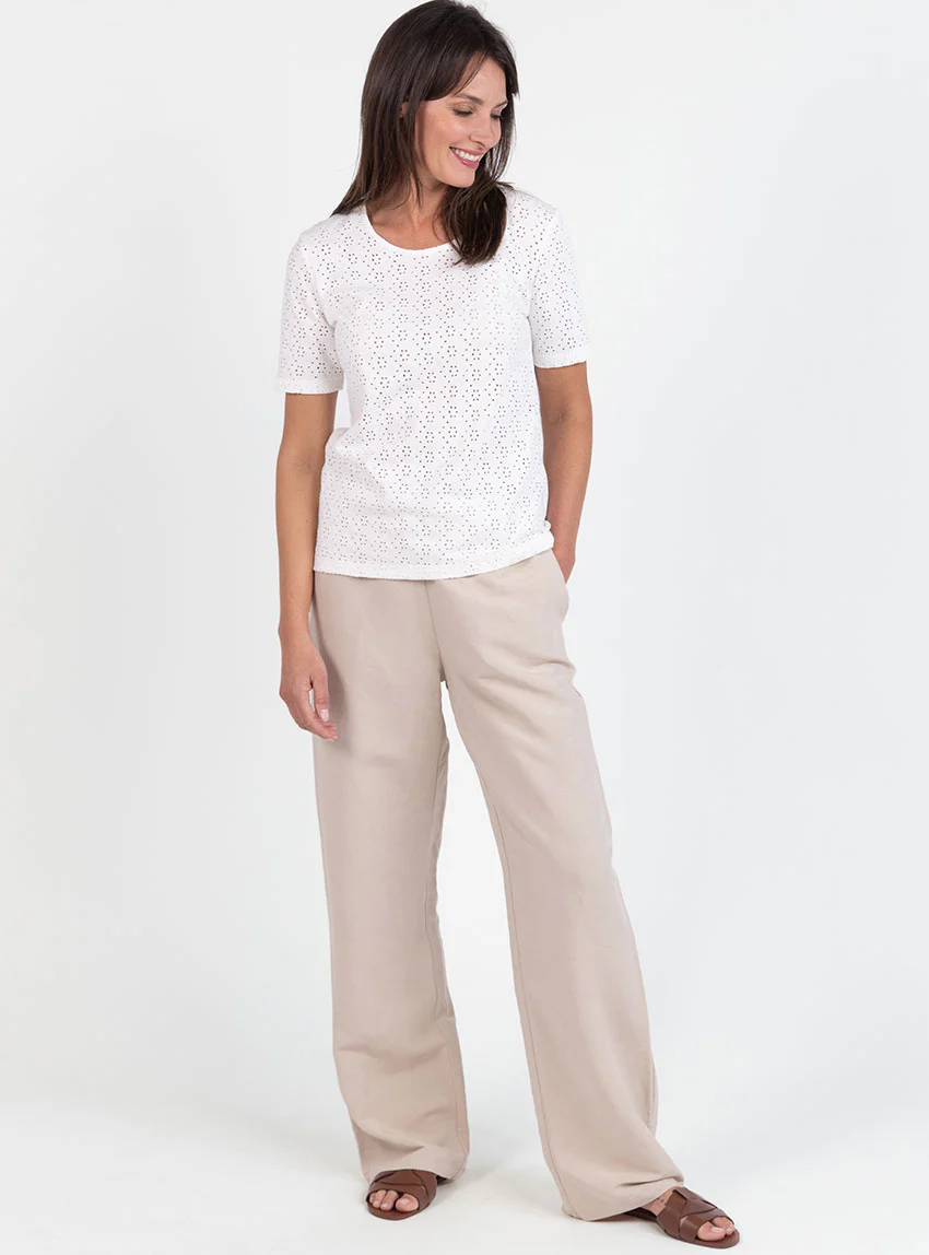 Tee-shirt femme en maille ajourée coton blanc crème