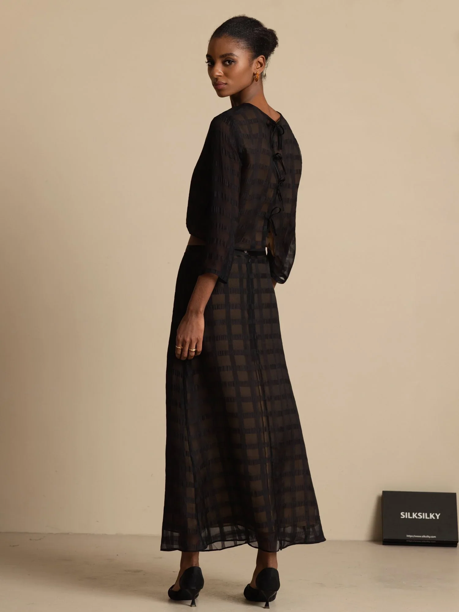 Pure Silk Women's Textured Grid Crop Blouse & A-Line Long Skirt Set