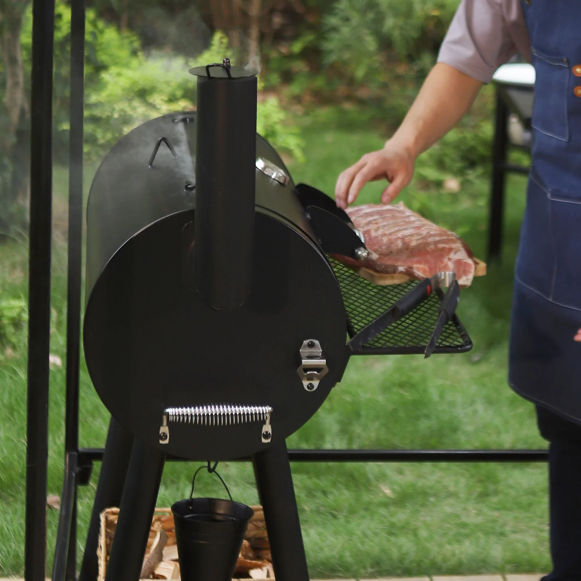 & William Portable BBQ Charcoal Grill with Offset Smoker, Black