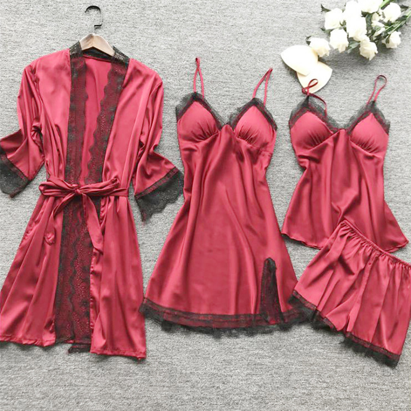 Cross-border women's sexy home wear pajamas, summer sexy four-piece pajama set, Korean style camisole with chest pads, manufacturer