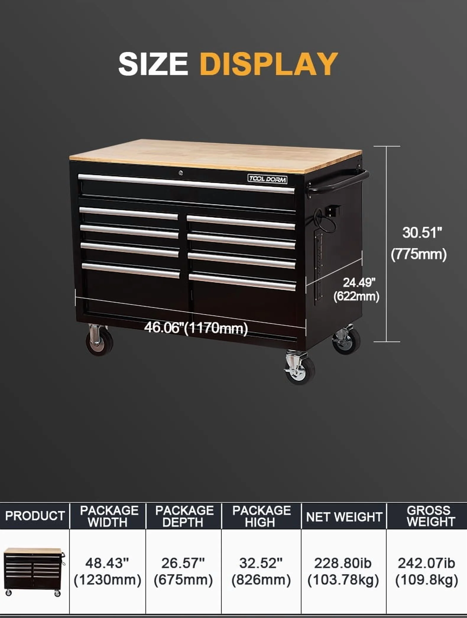 Rolling Tool Chest Extra - Deep 46in 9 - Drawers, Mobile Tool Storage Cabinet/Work Bench with Wooden Top/Power Strip, Equipped with Casters, Handle, Liner, and Locking System, 1200 lb Capacity