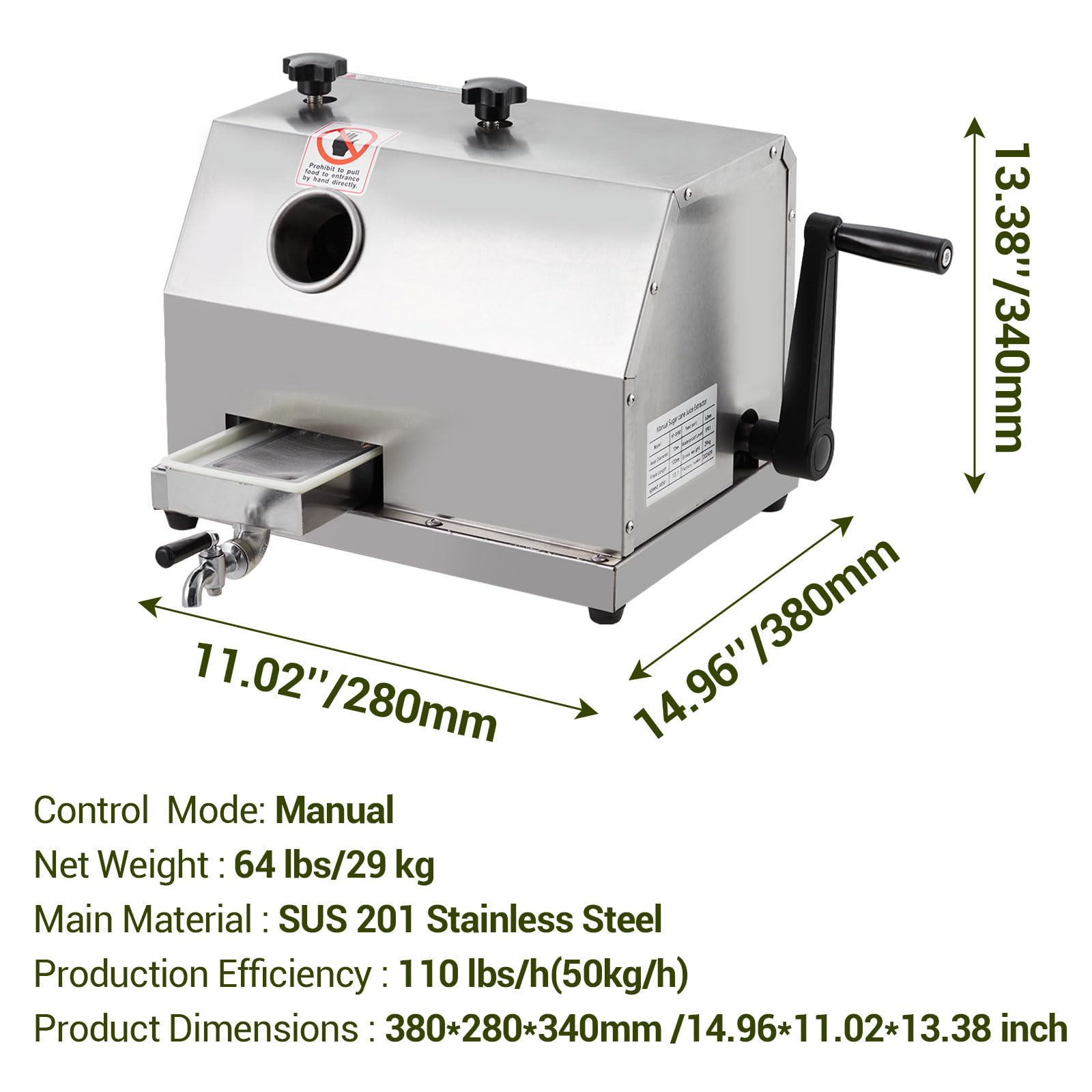Manual Sugar Cane Juicer Machine, 110 LBS/H Output Commercial Press with Stainless Steel 3 Rollers & 2.4