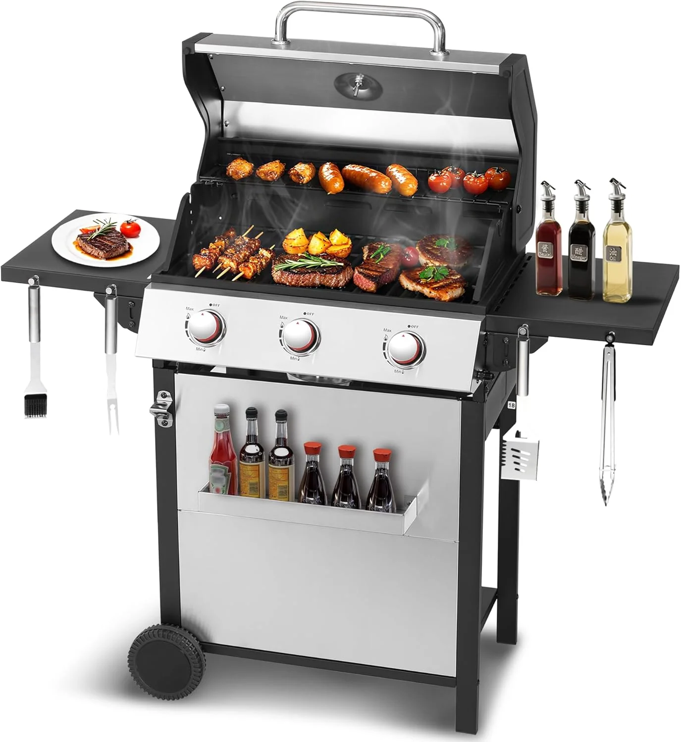 Barbecue à gaz propane à 3 brûleurs d'une puissance de 30 000 BTU - Couvercle de barbecue double couche en acier inoxydable, grilles de cuisson en fonte, système de gestion des graisses facile à nettoyer et répartition uniforme de la chaleur pour des