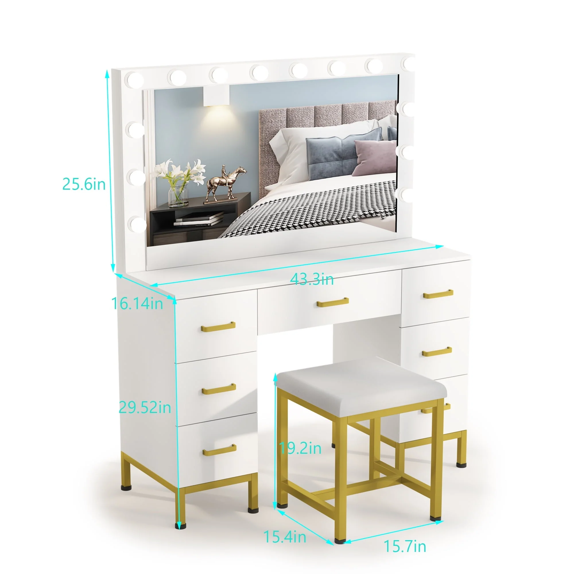 PAKASEPT Vanity Set with Lighted Mirror, Makeup Vanity Dressing Table with 14PCS LED Bulbs, Cushioned Stool 7 Drawers, Large 44" White Vanity for Bedroom, Powder Room Image 5
