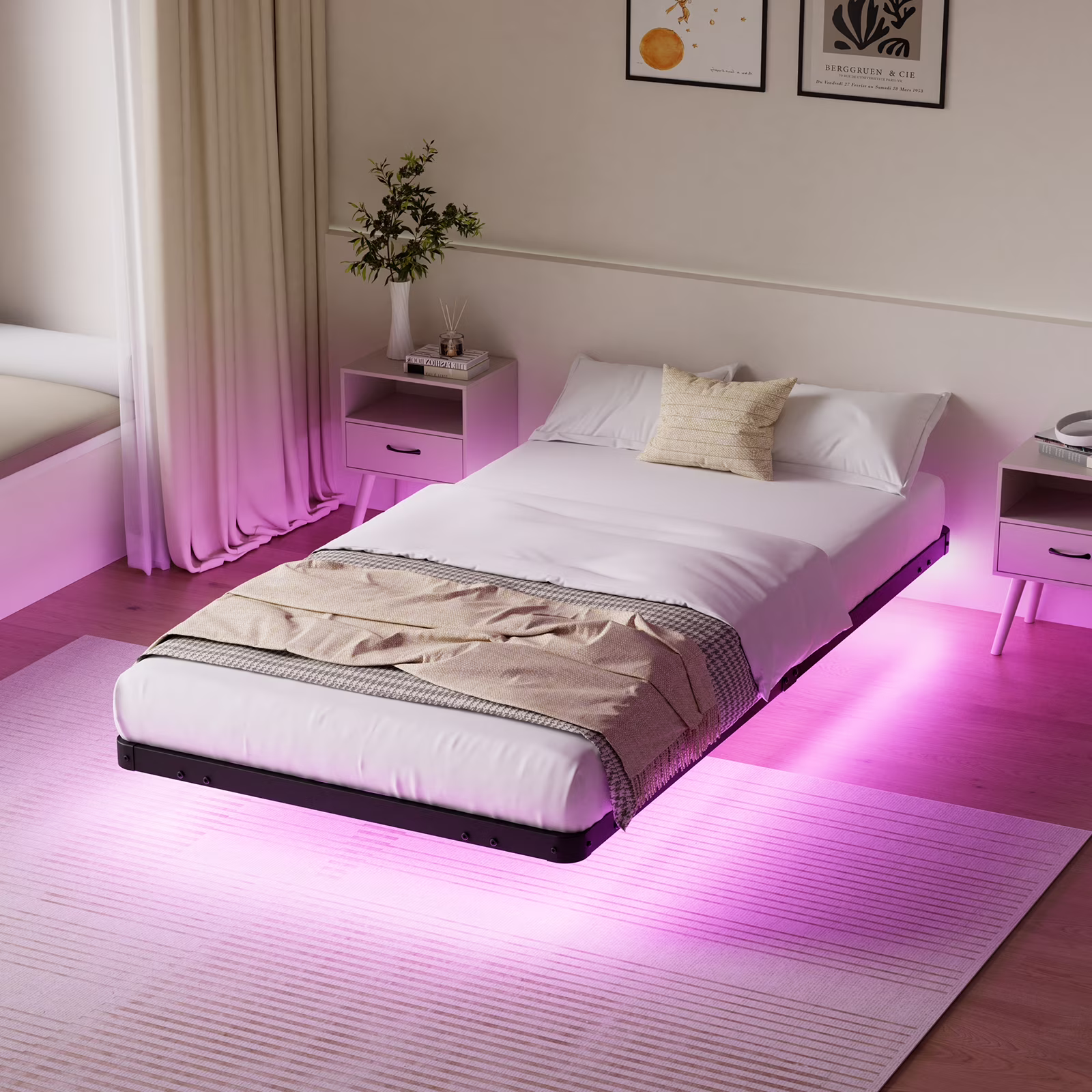 King Size Floating Bed Frame with LED Lights Bed Storage Metal Platform Bed Frames with Steel Slat Support Anti-Slip Easy Assembly, Black(King) - Image 7