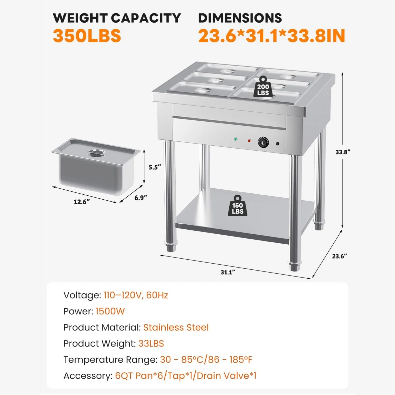AECOJOY Commercial Food Warmer 1500W Electric Steam Table with 6x6QT Pans & Shelf