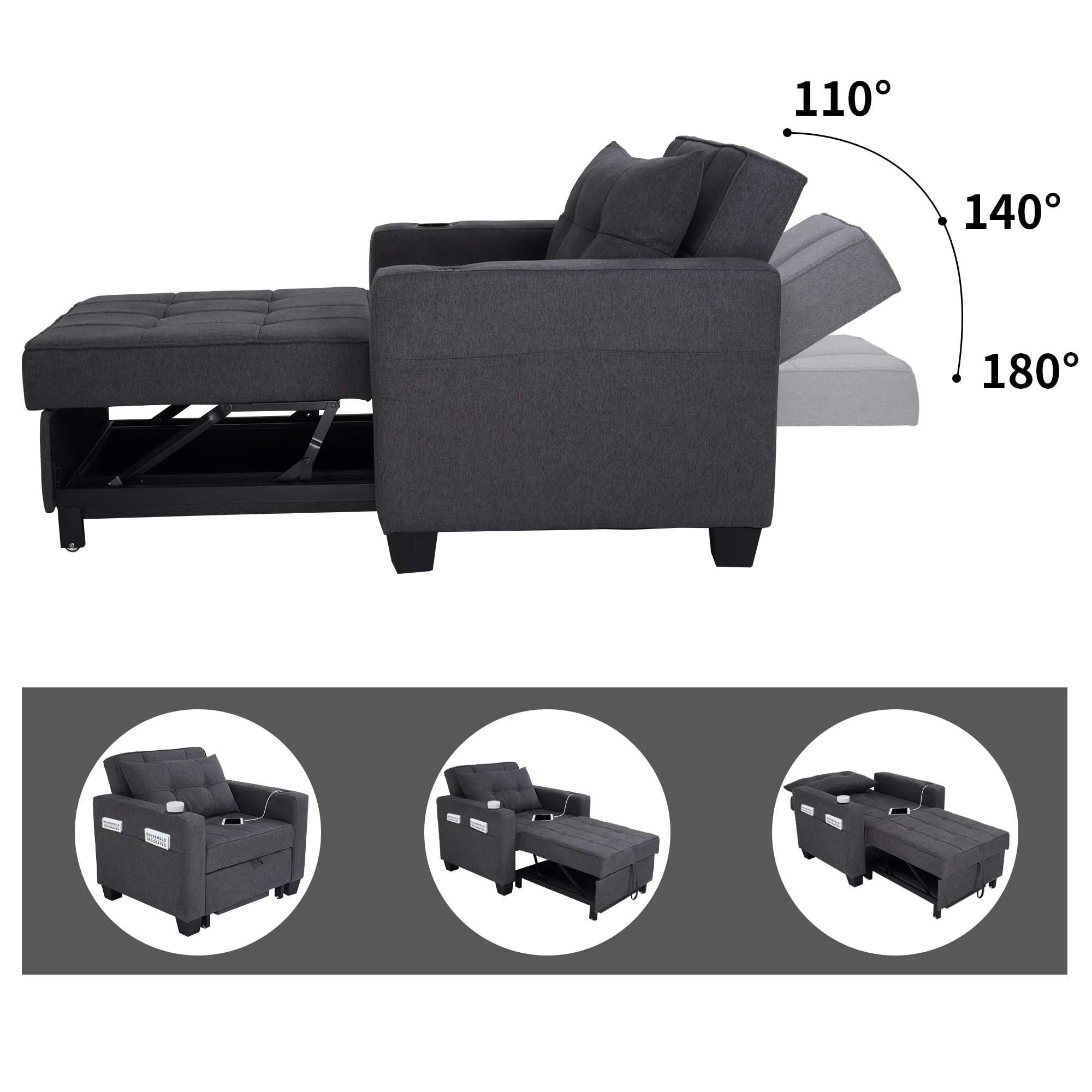 DURASPACE 3 in 1 Convertible Sleeper Chair Bed with Usb Port, Linen Pull Out Chair Indoor, Dark Gray(Faux Leather/Black Faux Leather) Image 5