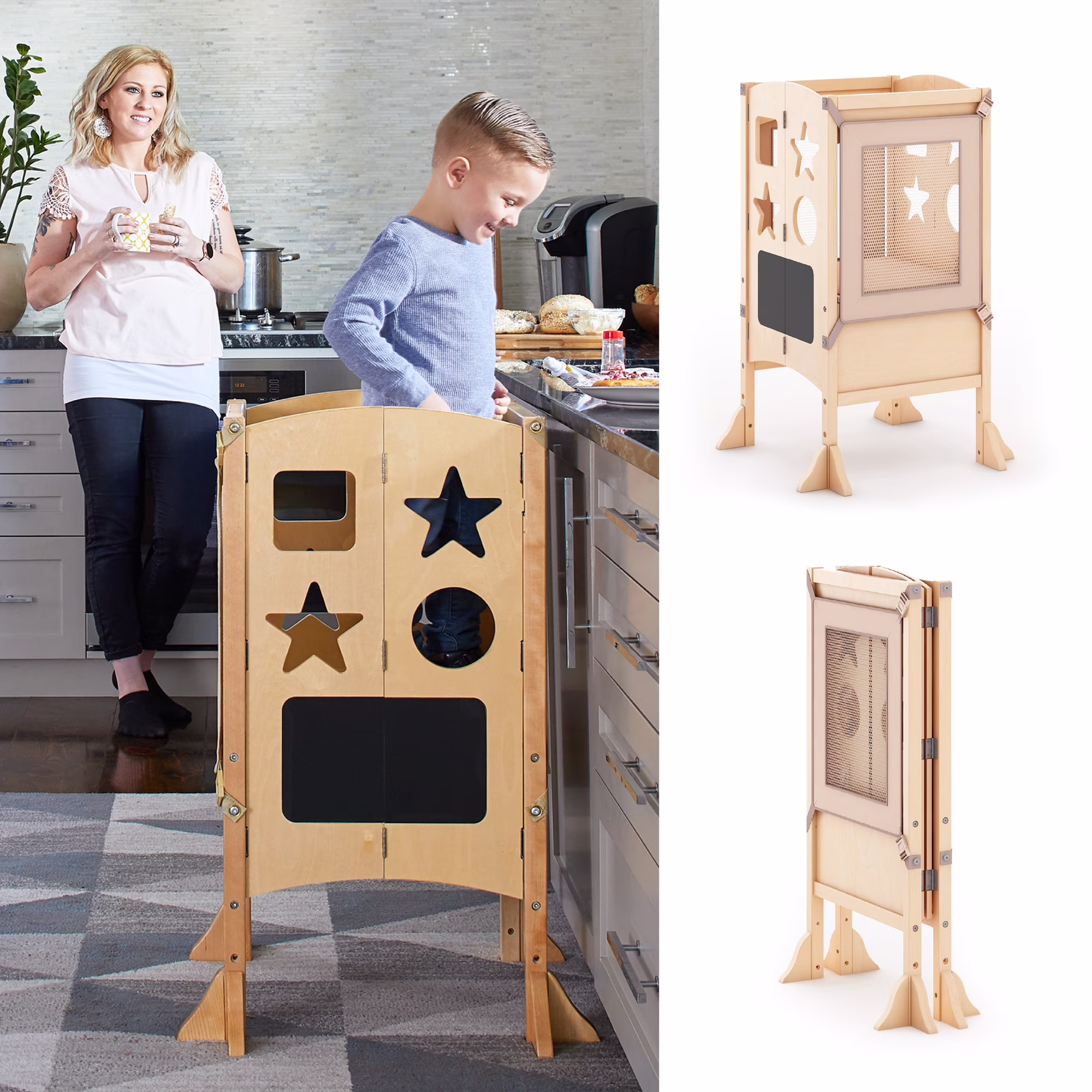 Classic Kitchen Helper Kids' Step Stool Natural: Foldable and Adjustable Wooden Toddler Tower for Learning with Keeper(Natural)
