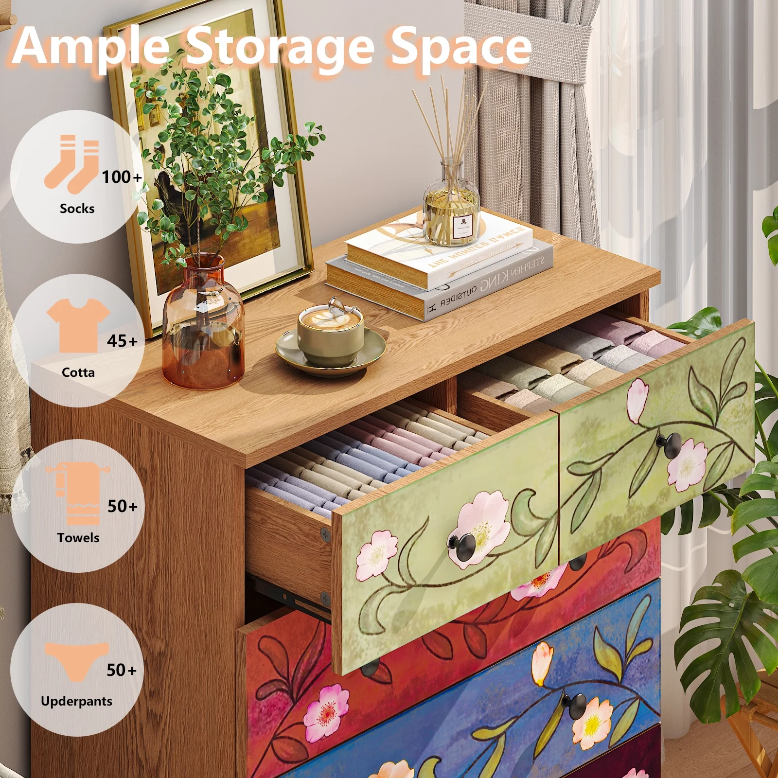 Wood 6 Drawer Dresser Organizer for Bedroom Storage Tower for Entryway Hallway Closet, Tall Chest Organizer Unit with Wood Bins, Floral Painted Wooden(Brown 5 Layer 6 Drawers) Image 6