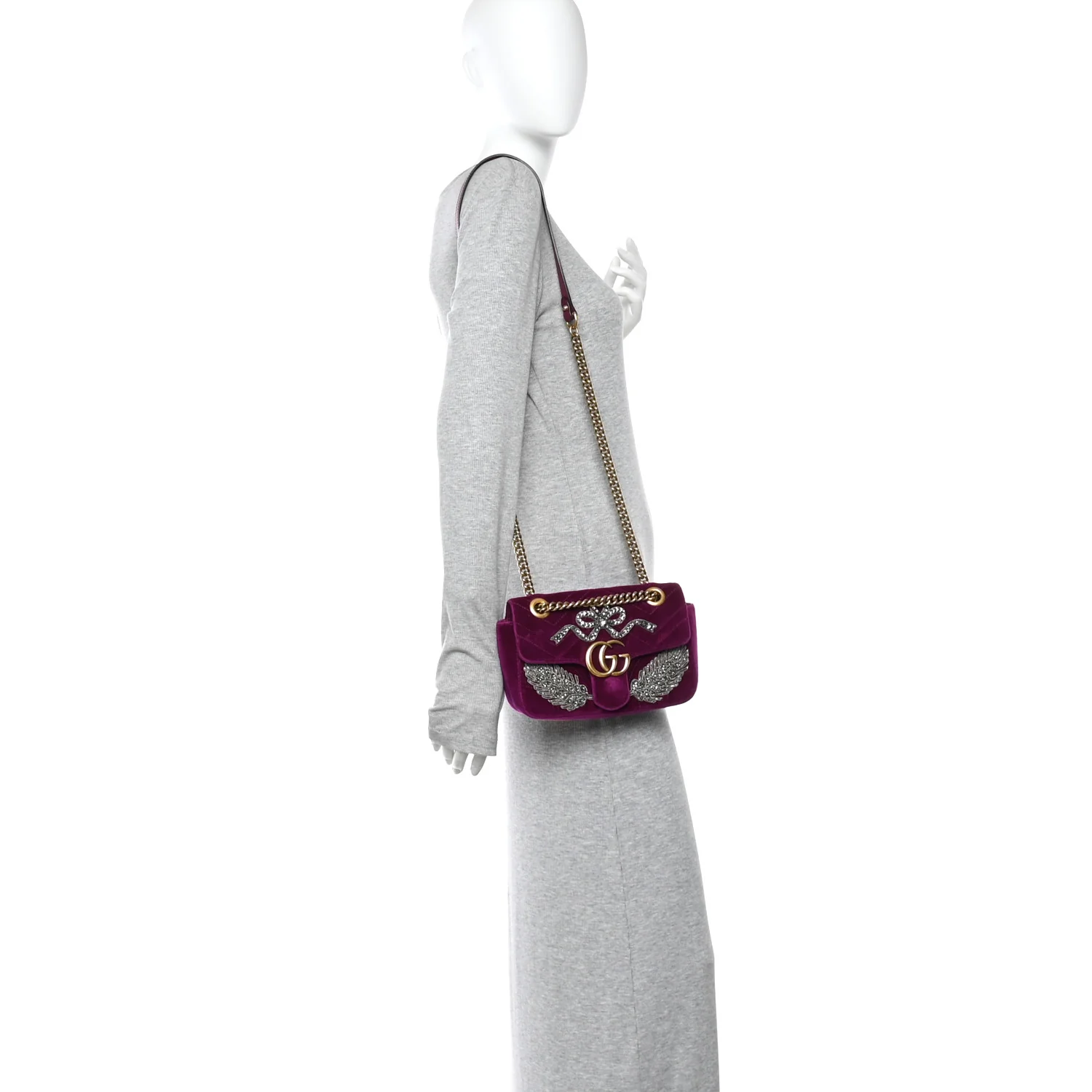 Velvet Matelasse Embroidered Mini GG Marmont Shoulder Bag Bordeaux