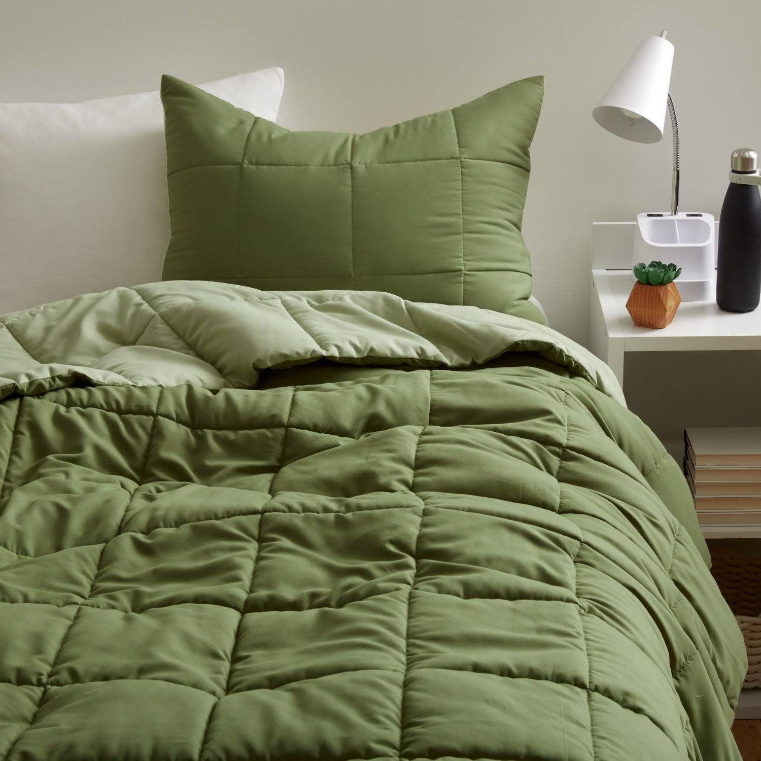 Dormify Reversible Down Alt Comforter and Sham Set , Includes Sham, Full/Queen Bedding, Olive Green, Lightweight, POLYESTER, Dorm or Bedroom Essential