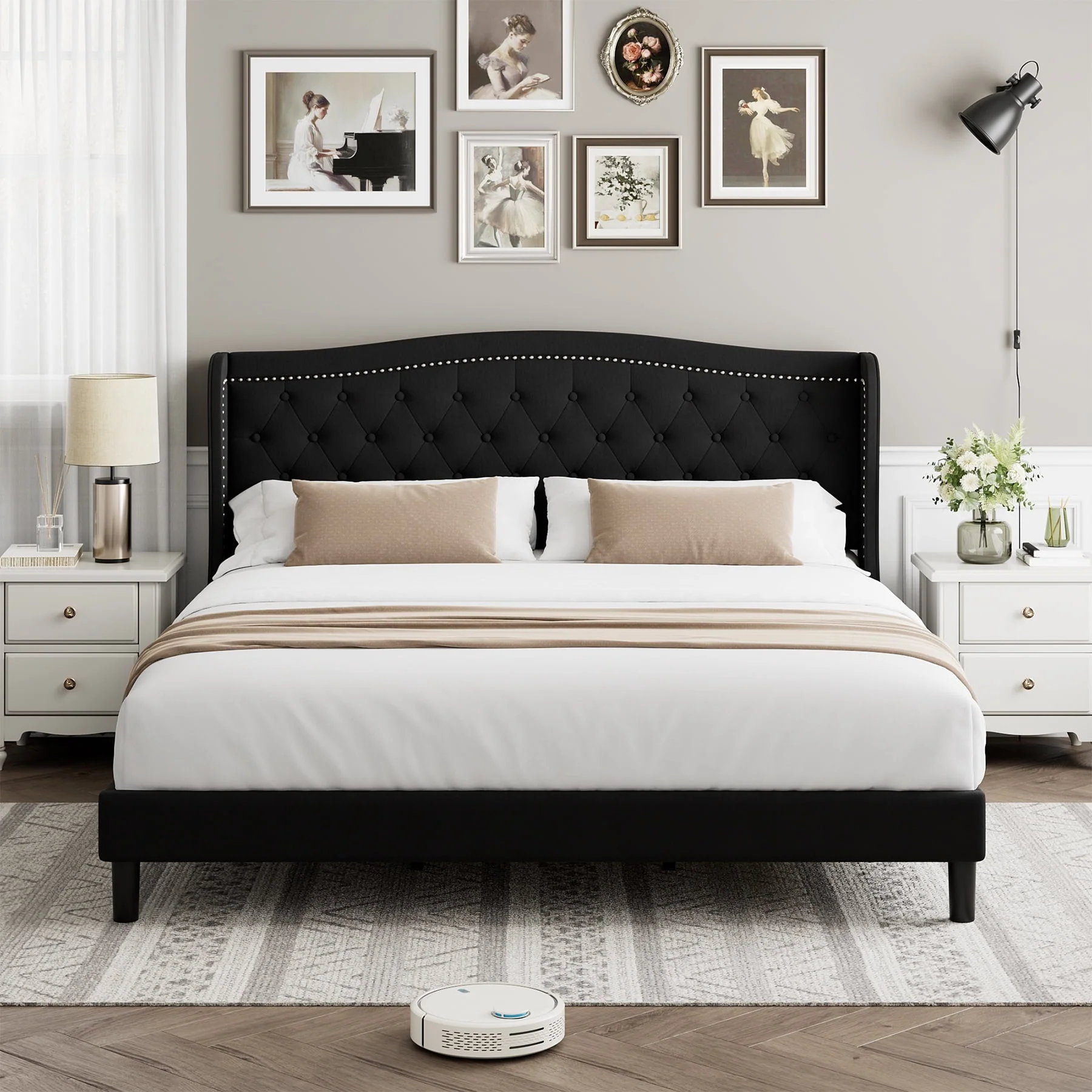 Homfa Queen Bed Frame, Wing-Back Button Tufted Upholstered Headboard, Modern Platform Bed Frame with Wood Slat Support for Bedroom, Black(Full/Beige)