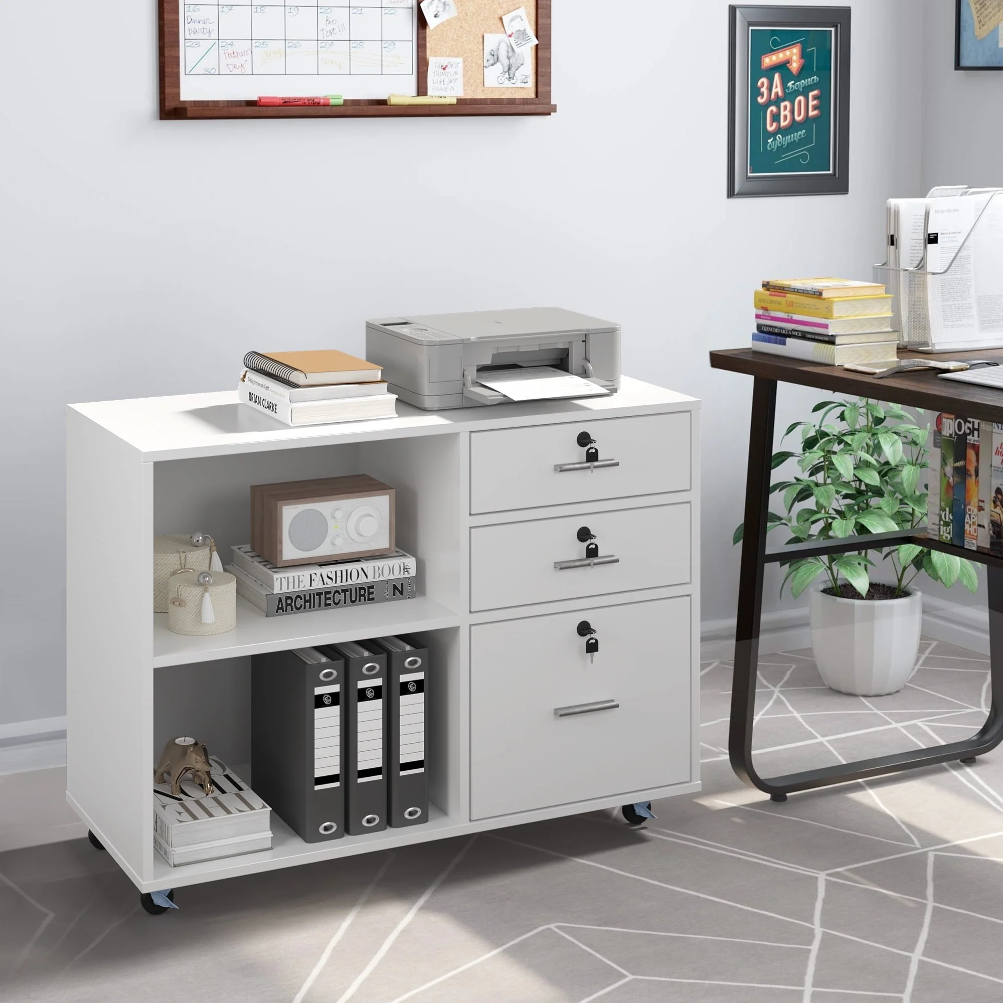 3 Drawer Wood Lateral Filing Cabinet with Locks, Printer Stand Storage File Cabinet with Shelves for Home Office, White(Black) Image 9