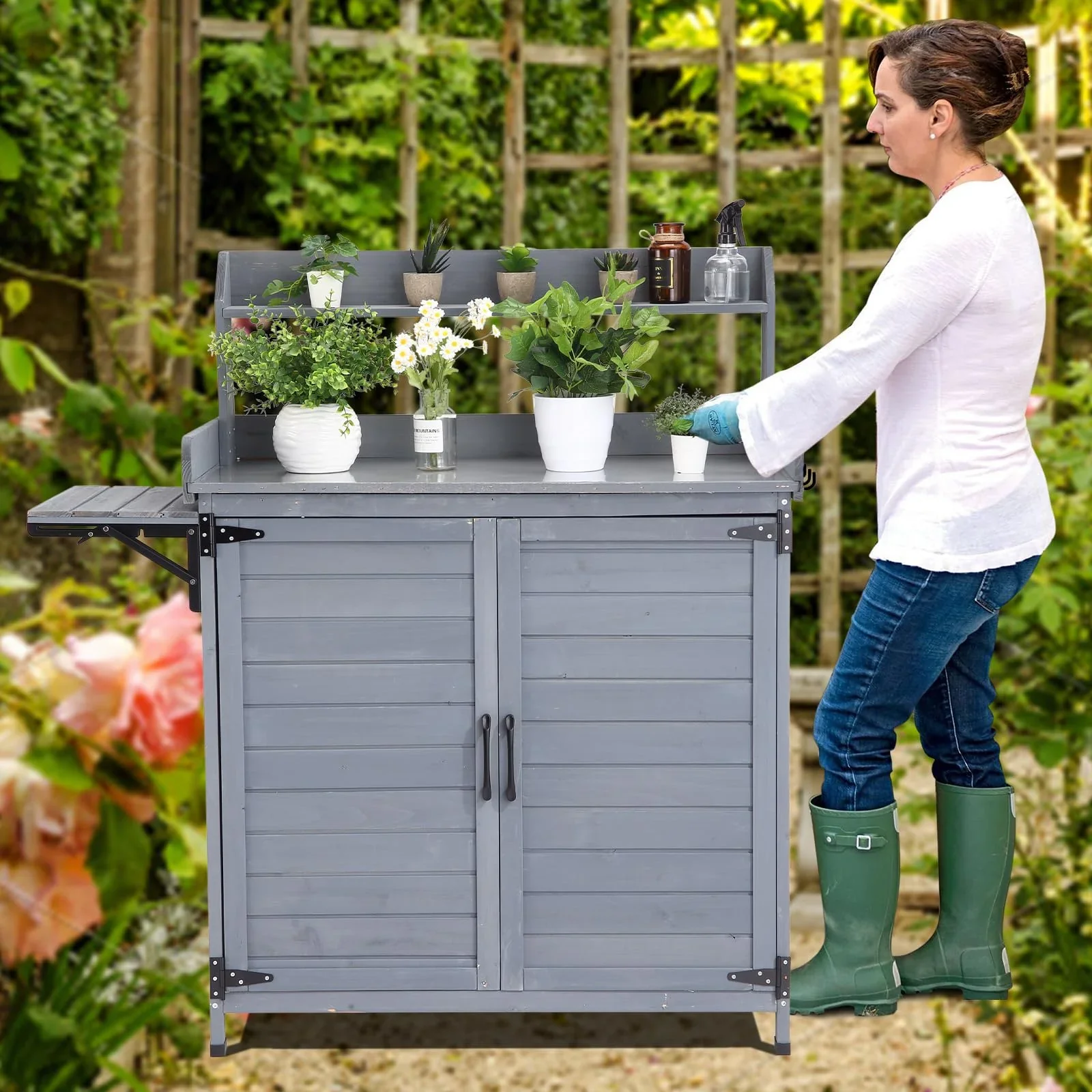 Yeshouse Outdoor Potting Bench Table, Wooden Gardening Furniture with Metal Tabletop and Storage Cabinet, Horticulture Workstation with Adjustable Shelf for Garden, Patio, Backyard, Greenhouse