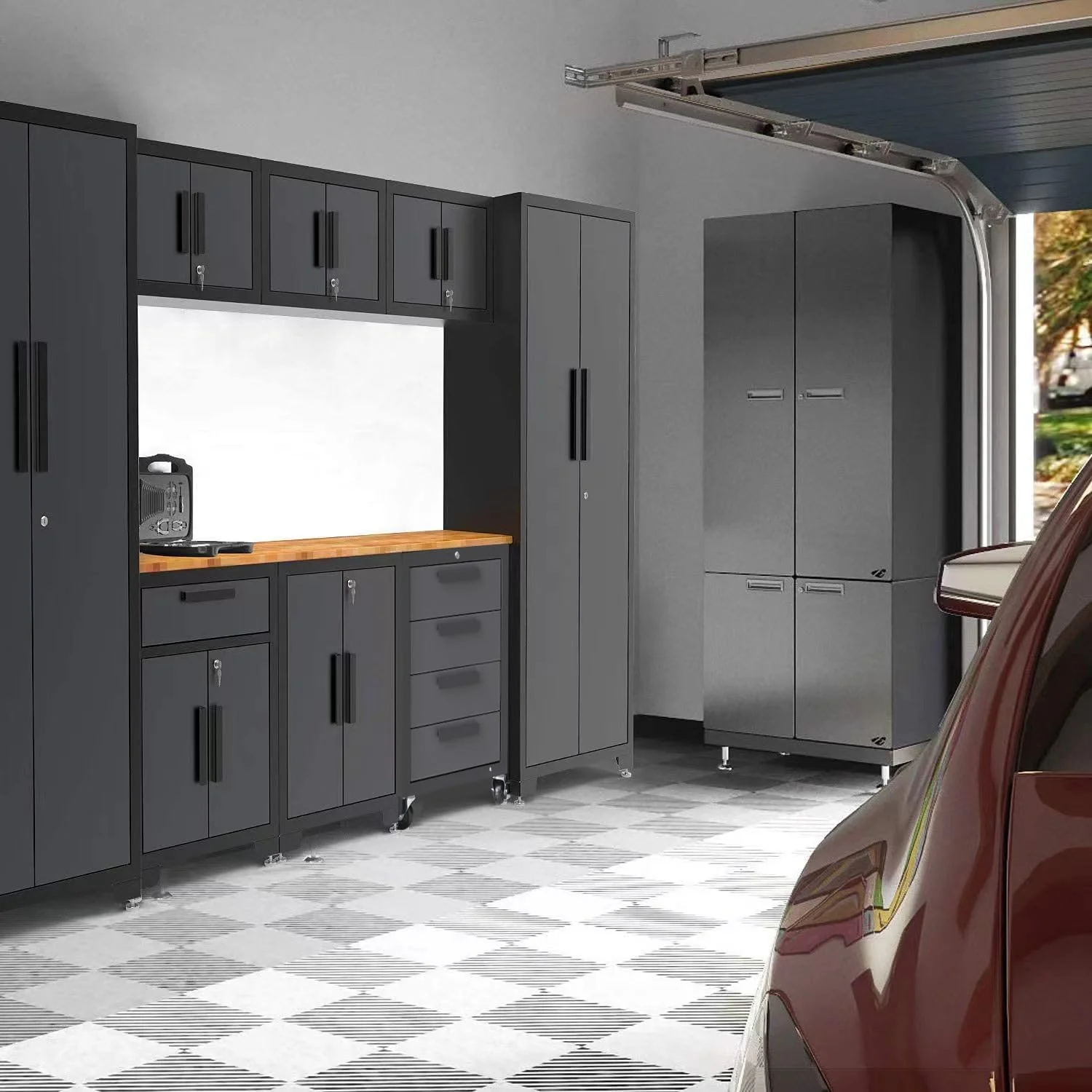 Big Red Garage Storage Cabinet Sets 9 Piece Tool Organizer Workshop Cabinets with Lockers, Shelves and Wood Workbench, 18.58