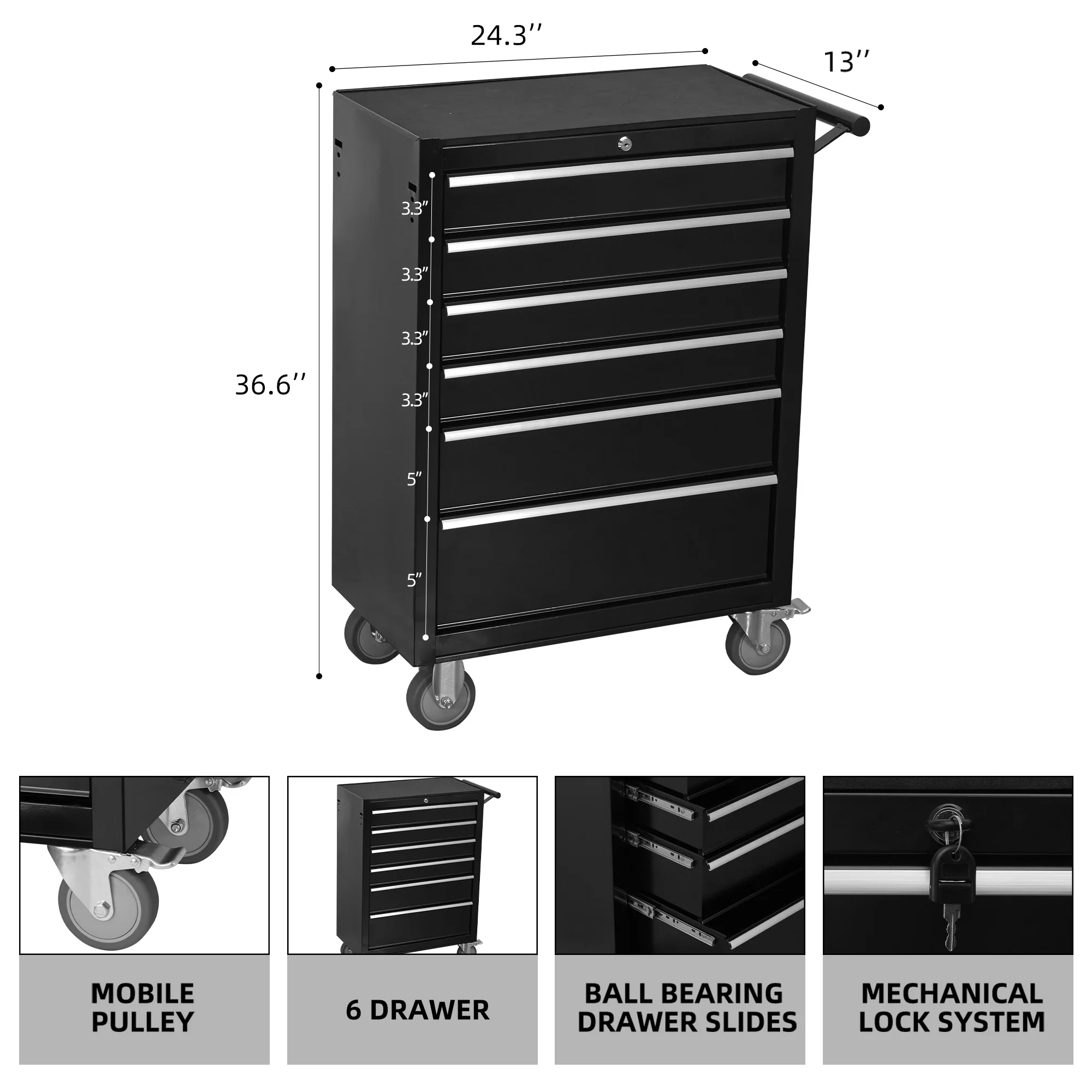 6 - Drawer Rolling Tool Chest Cabinet, Large Capacity Metal Tool Box with Wheels