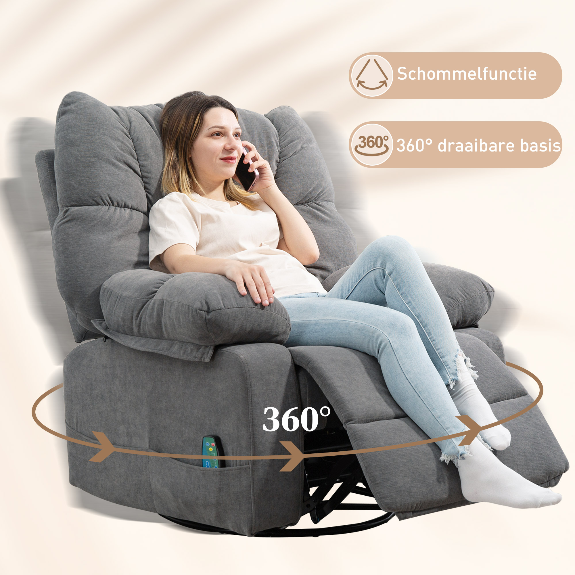 HOMCOM Relaxstoel met Massage- en Ligfunctie, Draaibare Massagestoel, 4 zijzakken en Afstandsbediening, Donkergrijs