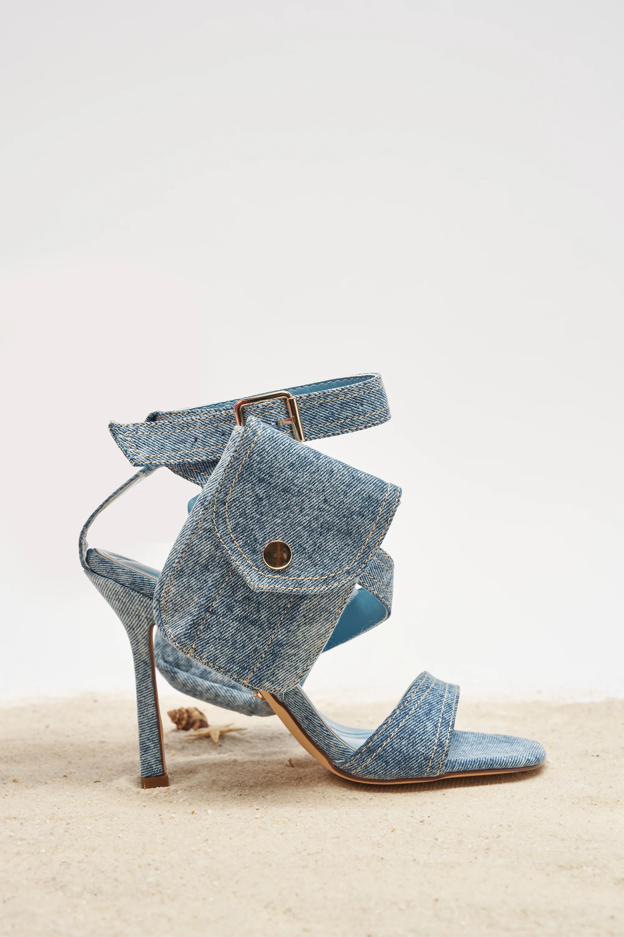 AKIRA GOLD KERSHAW DENIM POCKET STILETTO STRAP SANDAL - Akira Store