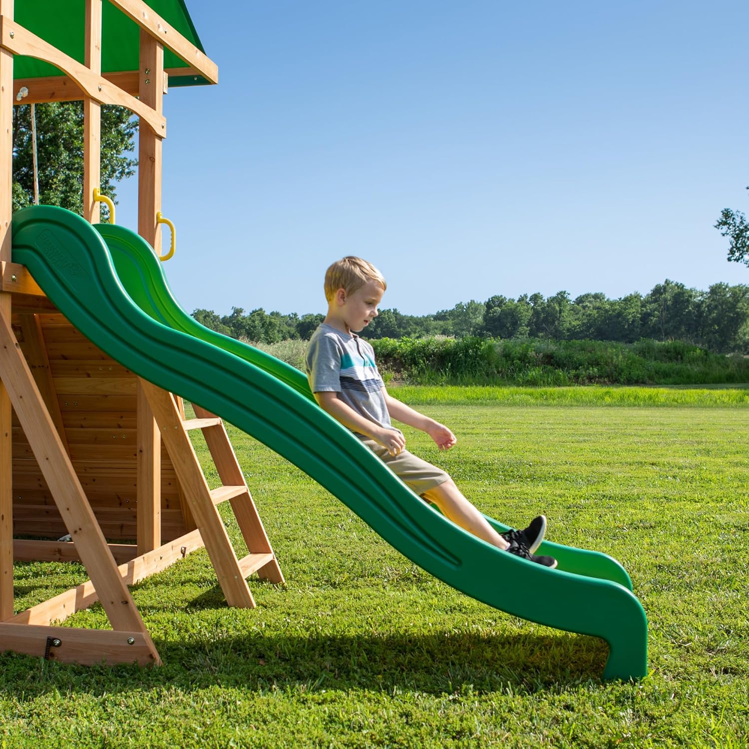 Mount Mckinley Cedar Wood Swing Set with Wave Slide, Play Deck, Double Rock Wall, Rope Ladder, Web Swing, Belt Swings, Toy Telescope,…