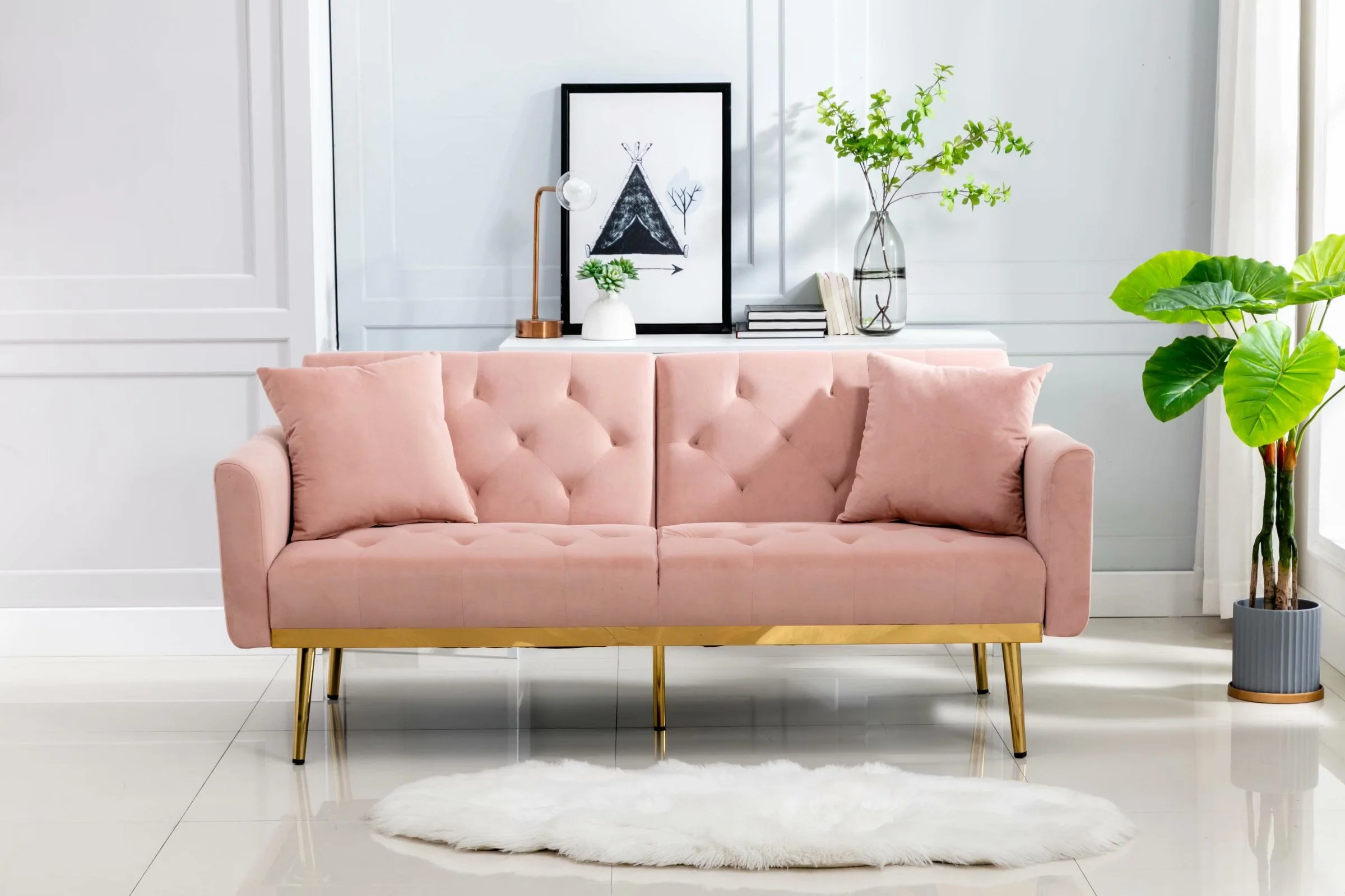Pink Futon Couch Bed Upholstered Adjustable Convertible Sofa Velvet(Gray)