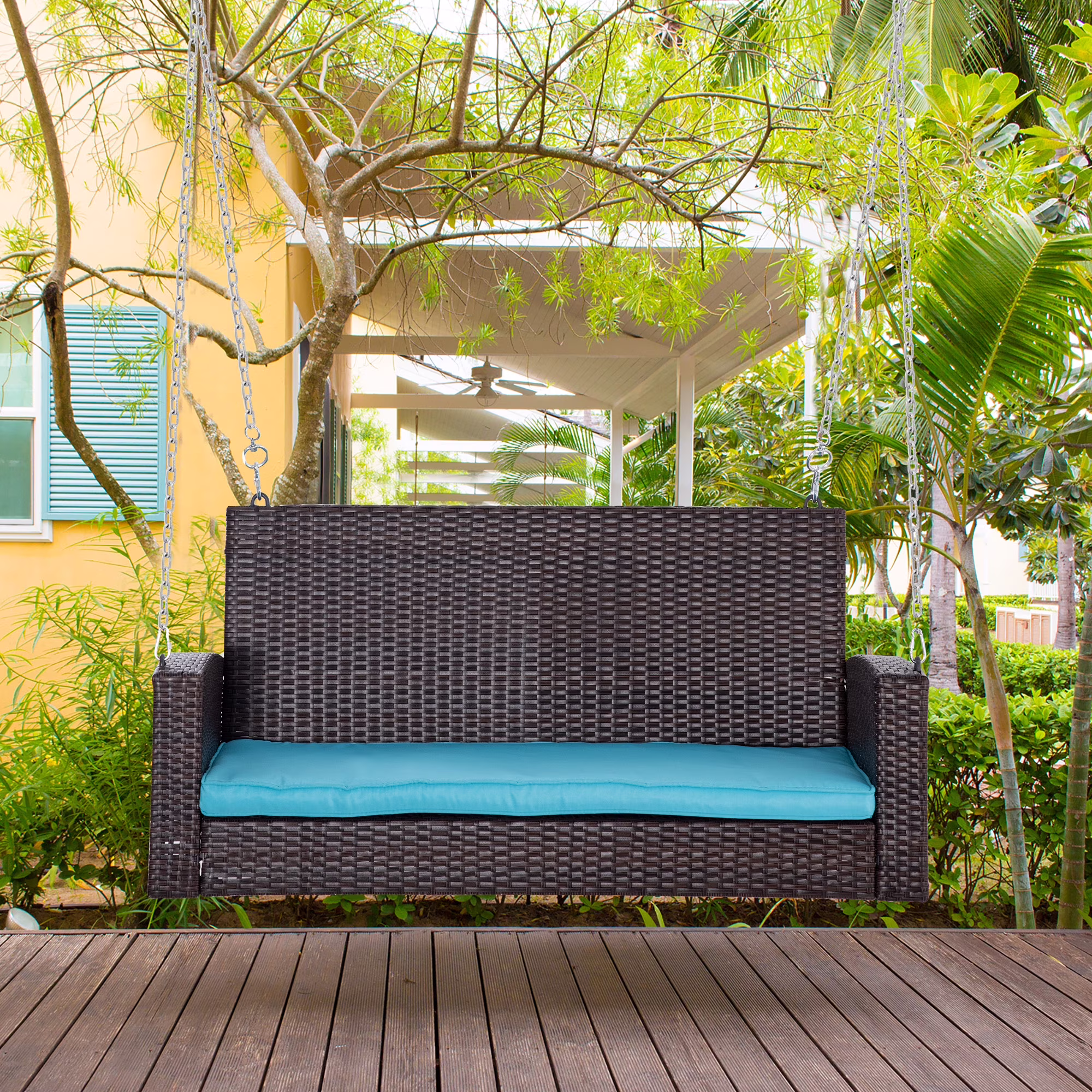 Outsunny 2 Person Wicker Hanging Swing Bench, Front Porch Swing Outdoor Chair with Cushions 550 lbs. Weight Capacity for Backyard, Garden, Cream White