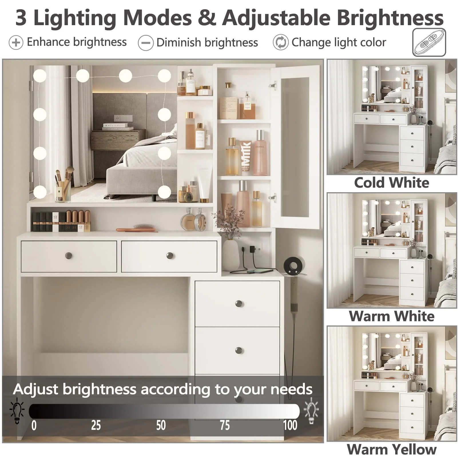 Makeup Vanity Desk with Lighted Mirror and Power Strip, Modern Vanity Table with 5 Drawers, White(White) - Image 4