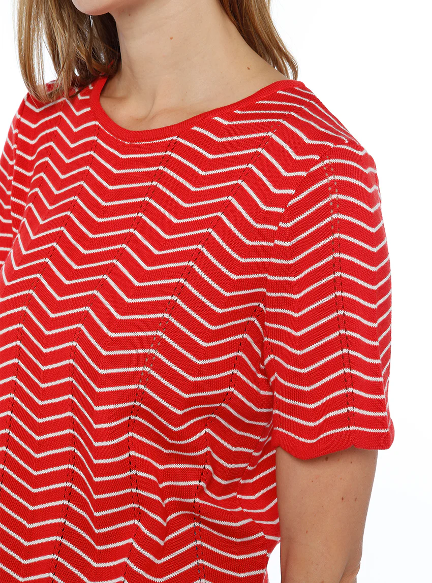 Pull femme coton manches courtes rouge/crème