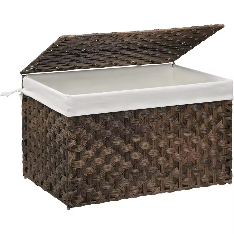 Wicker Storage Basket With Lid, 27.7 Gallon (105l) Large Blanket Basket With Lid, Woven Storage Bin With Handles, Removable Liner, Metal Frame