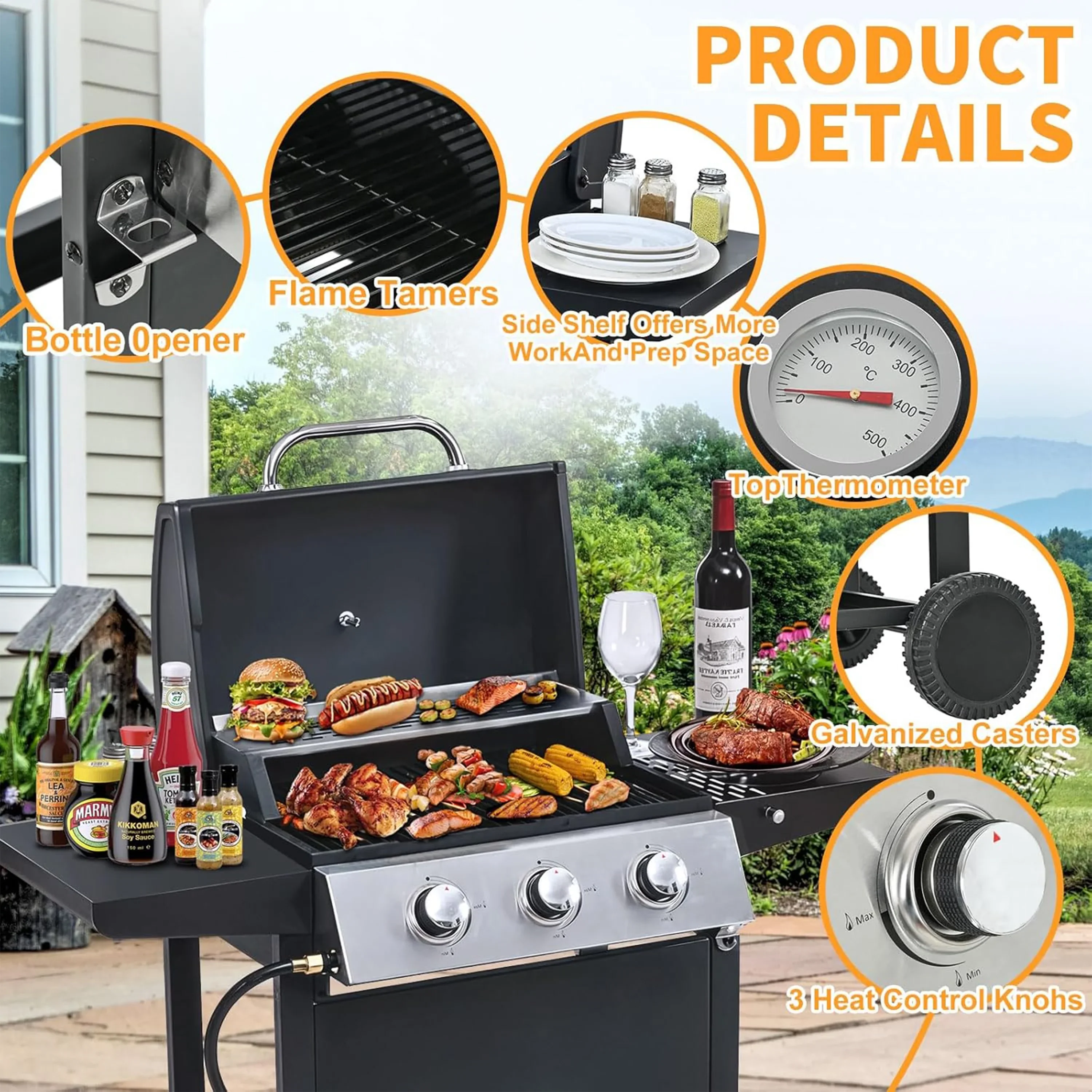 Furnibear 4 Burner BBQ Propane Gas Grill, Stainless Steel 34,000 BTU Patio Garden Barbecue Grill with Two Foldable Shelves