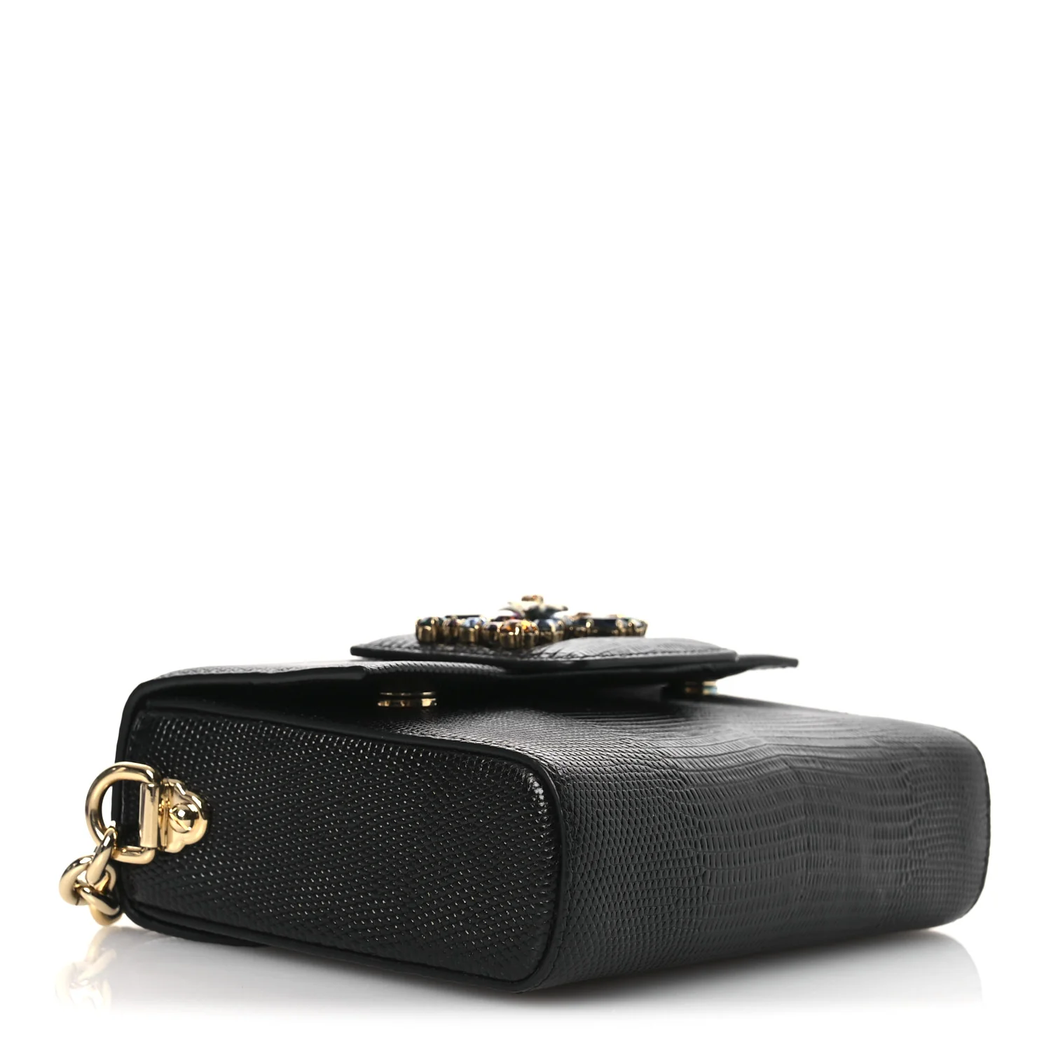 Lizard Embossed Crystal Embellished DG Millennials Mini Crossbody Bag Black