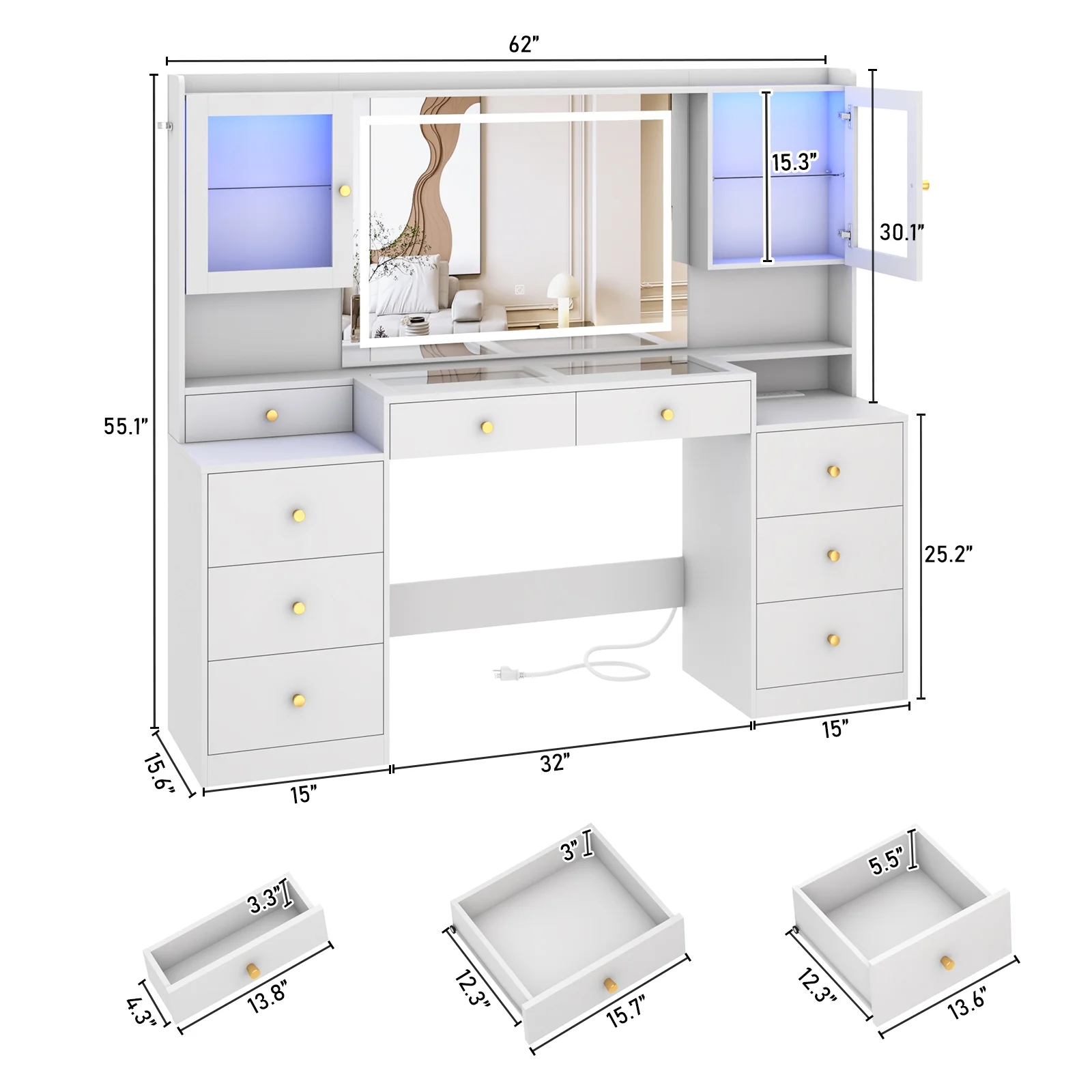 Chvans 62'' Large Vanity Desk with Tempered Glass Top, 60000 - Color LED Lights, Charging Station, White Makeup Vanity with 3 Lights Mode LED Mirror, 9 Drawers, 2 RGB Cabinets for Women, Girls Gift