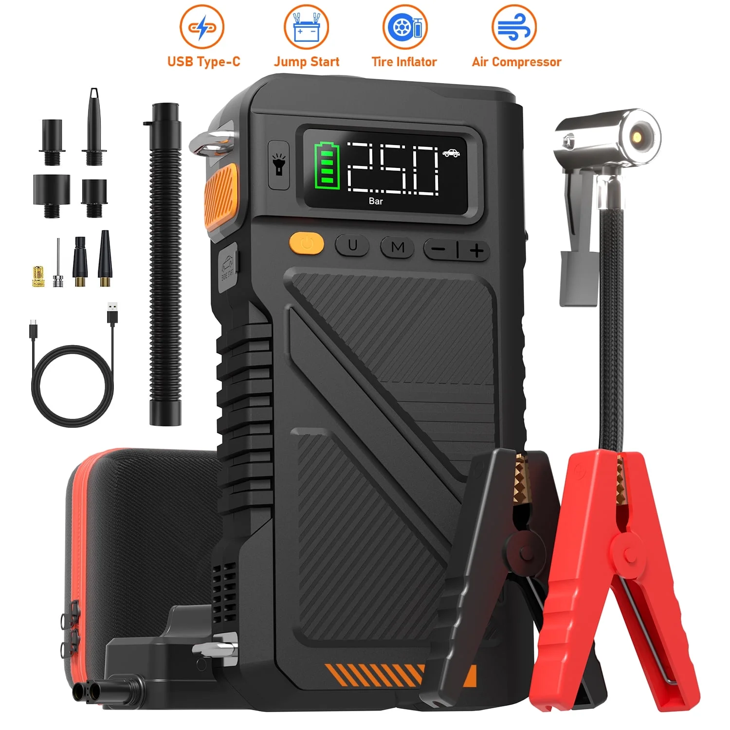 7000A Jump Starter with Air Inflator Deflator Compressor, 9-in-1 Portable 12V Car Battery Jump Box Power Pack for All Gas/12L Diesel Engine with 150PSI Tire Inflator Extended Jumper Cable - Image 9