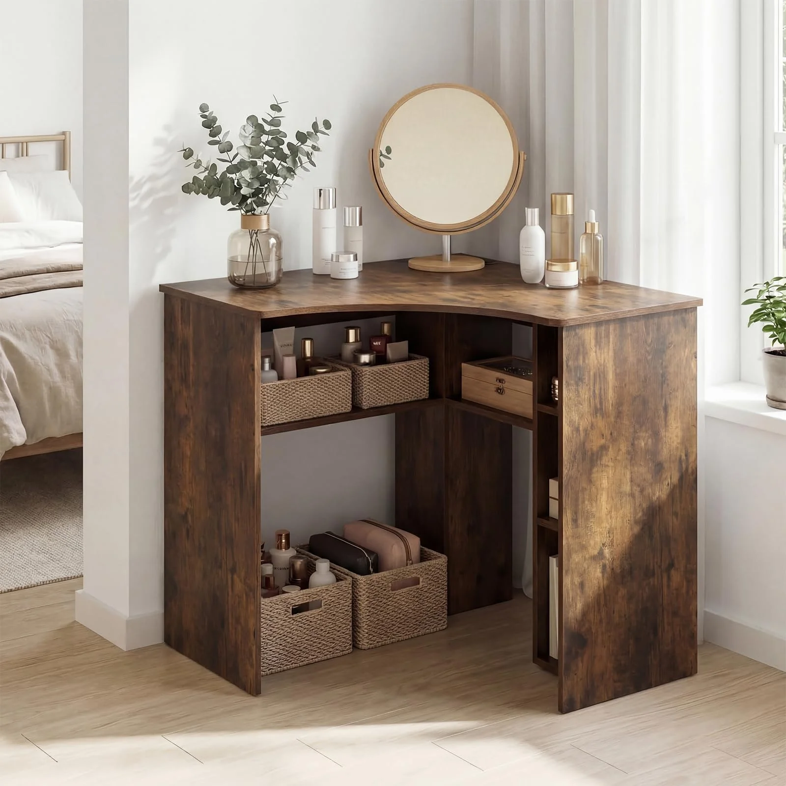Tangkula 90-Degree Triangle Corner Desk with Charging Station & Open Storage Shelves