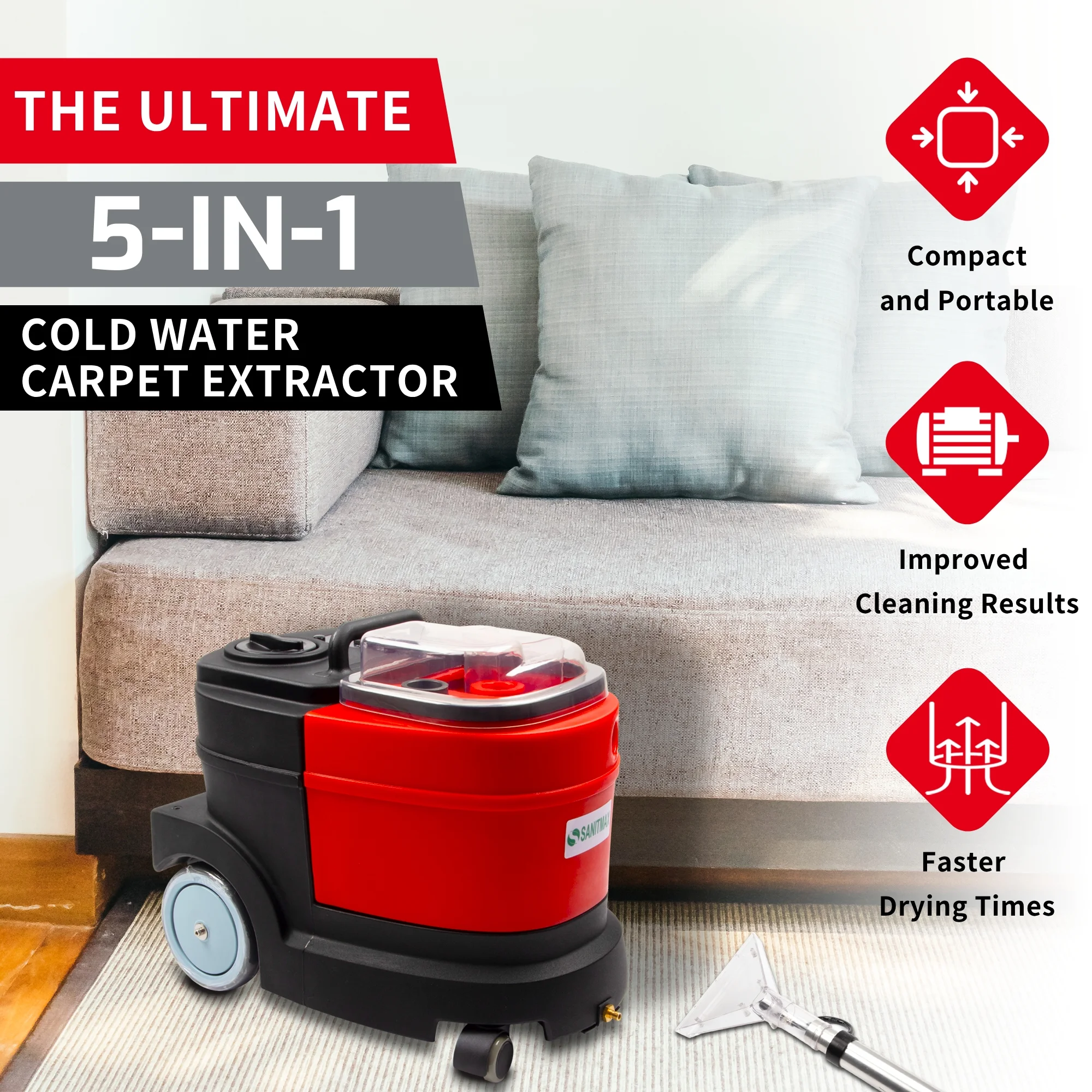 Carpet and Upholstery Extractor Cleaning Machine, Powerful 1.07 HP Motor, 3.7-gal Tank - Image 4
