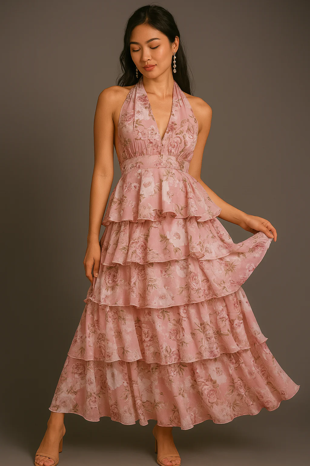 Robe maxi à volants en étages avec imprimé floral et détail à la taille, col licou